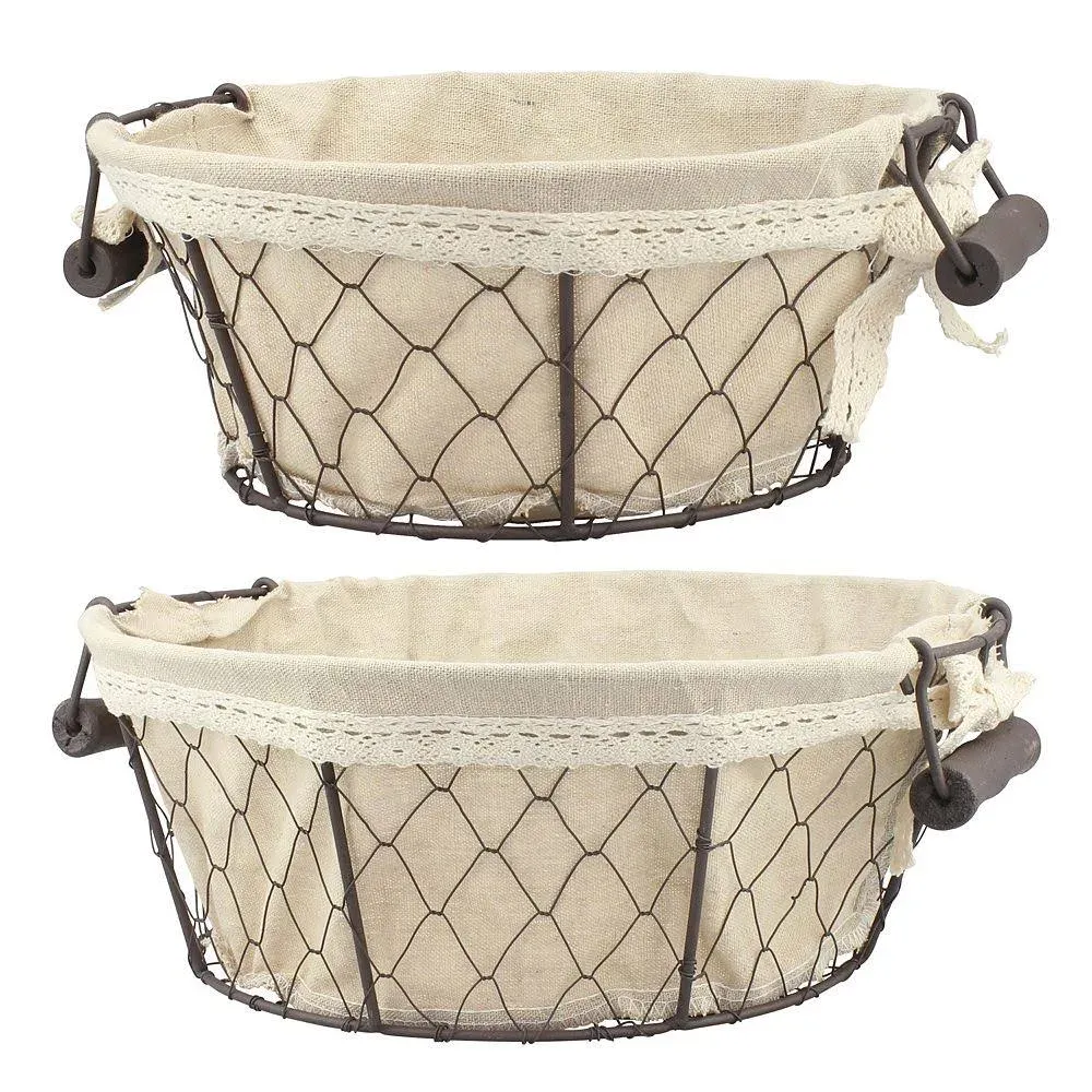 Stonebriar 2pc Round Metal Serving Basket Set with Decorative Fabric Lining