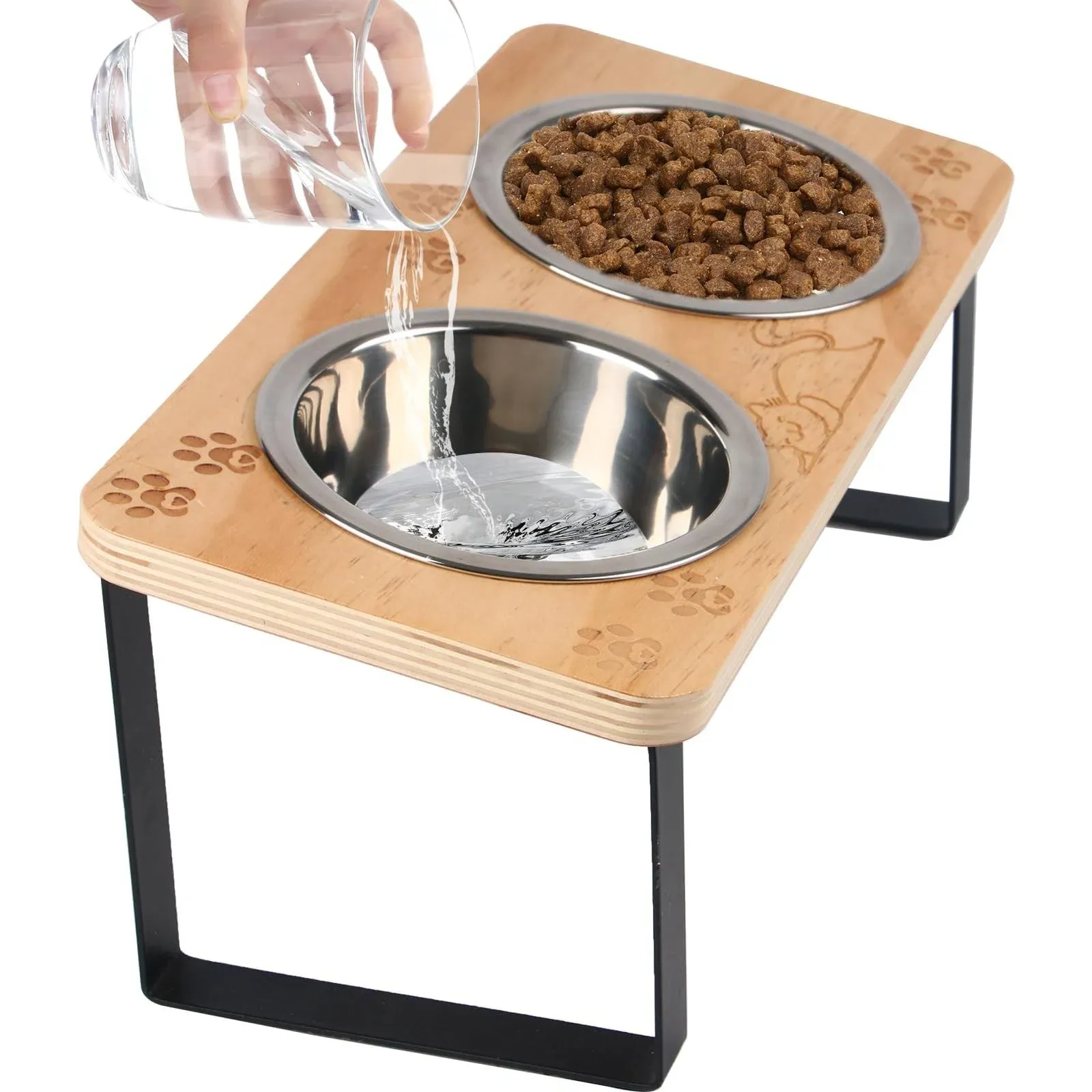 Elevated Cat Bowls 15° Tilted Raised Puppy Pet Food and Water Stainless Steel Bowl Pets Wood Stand Feeder with Pawprint Pattern, for Indoor Cats, Small Dog