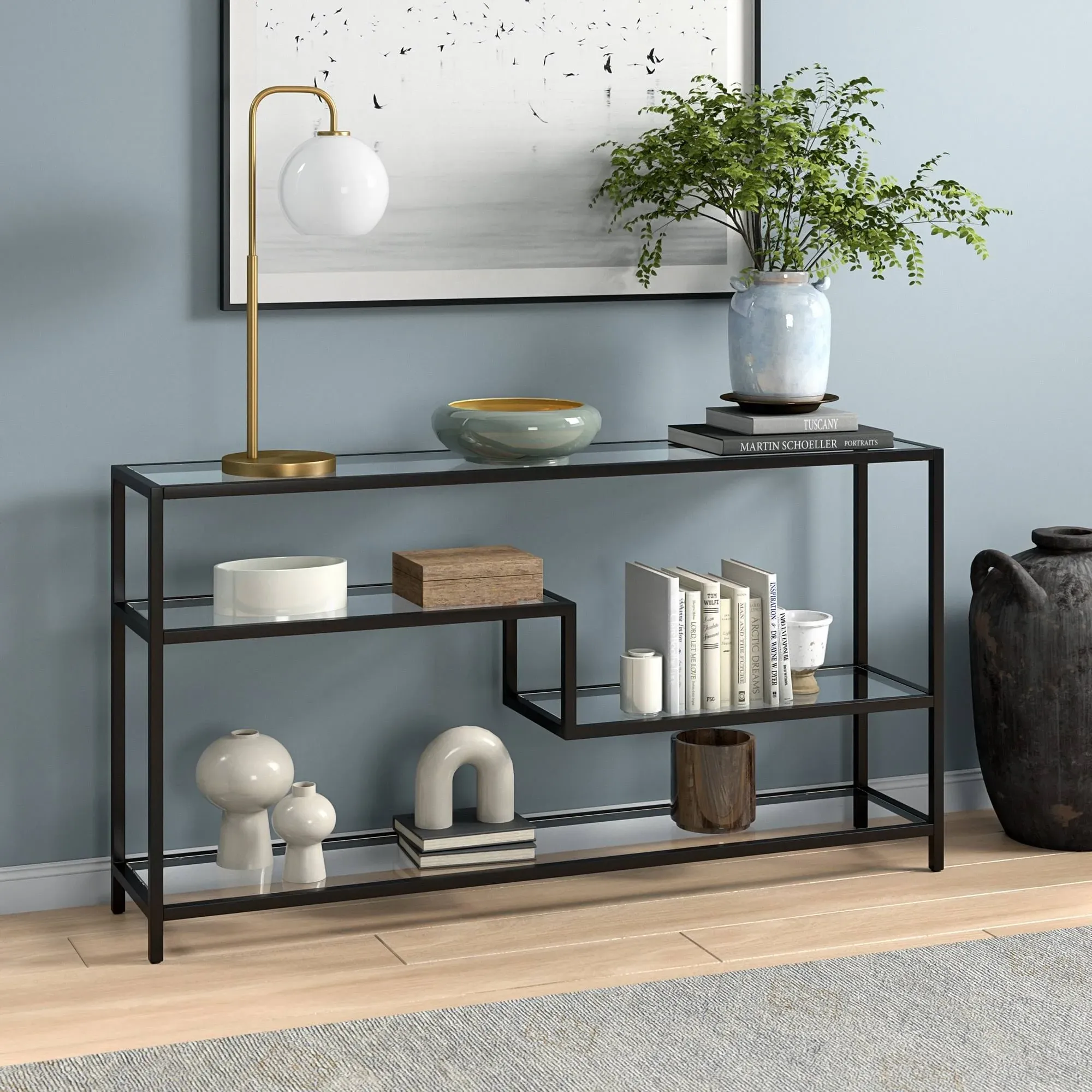 Mathis 55" Wide Rectangular Console Table with Glass Top in Blackened Bronze - Hudson & Canal AT1863