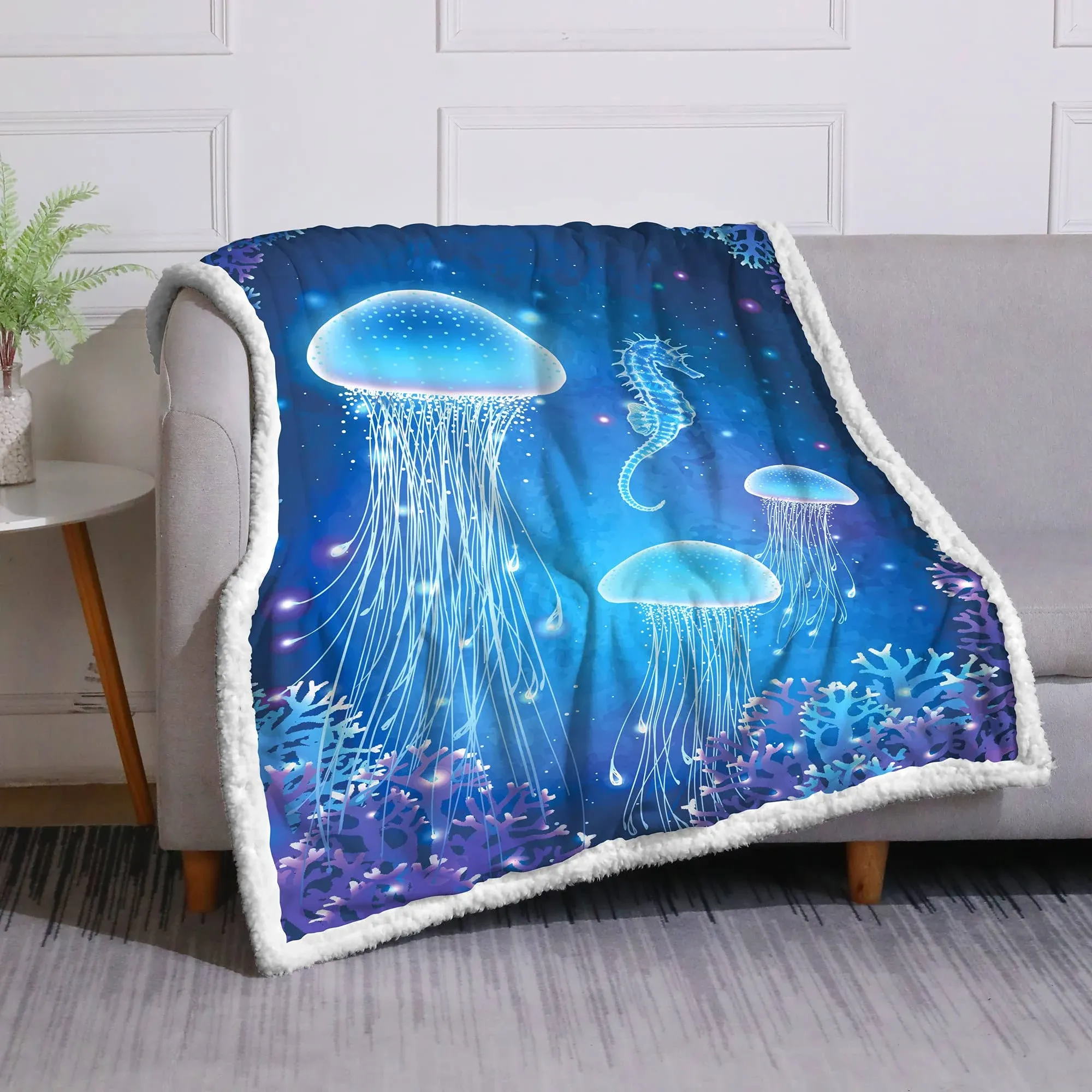 DUISE Children Jellyfish Fleece Blanket Jellyfish Blue Ocean Marine Life ...