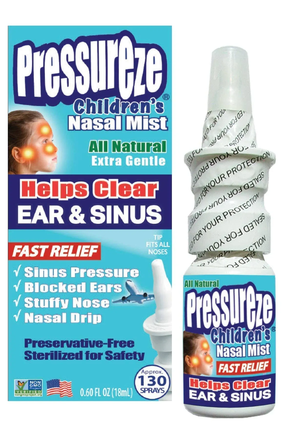 Pressureze All Natural Preservative-Free Sterile Nasal Spray for Children - Fast Relief Nasal Spray - for Sinus Allergies & Congestion | 130 Sprays, 18 ml