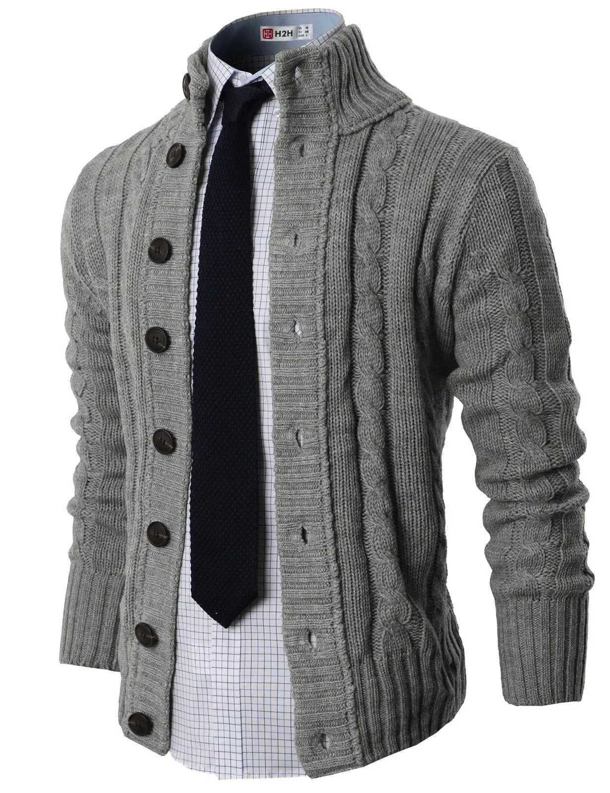 H2h Mens High-Neck Twisted Knit Cardigan Sweater with Button Details Grey US L ...