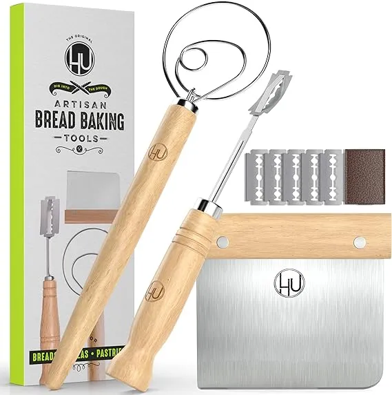 LHU Bread Making Tools and Supplies - Set of 3 - Danish Dough Whisk, Bread Lame, Bench Scraper - Dough Hook with Bread Scraper, Lame Bread Tool, Blades - Great for Baking Sourdough, Pizza, Pastry