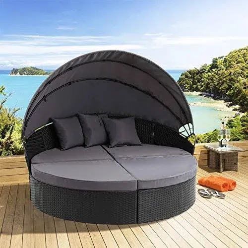 Outdoor Patio Furniture Canopy Daybed Round Sofas, 4 Pieces Seating Separates Cushioned Seats, Black Wicker, Lawn Poolside Garden, Grey