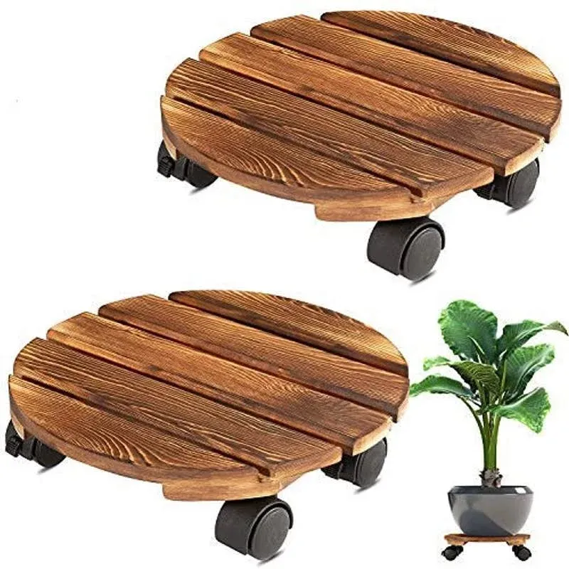 2 Pack Plant Caddy Wooden Plant Stand with Wheels 12 Inch Square Plant Roller with Metal Lockable Caster Wheels Heavy Duty Rolling Plant Stand Outdoor/Indoor Plant Dolly on Patio/Flower Pot