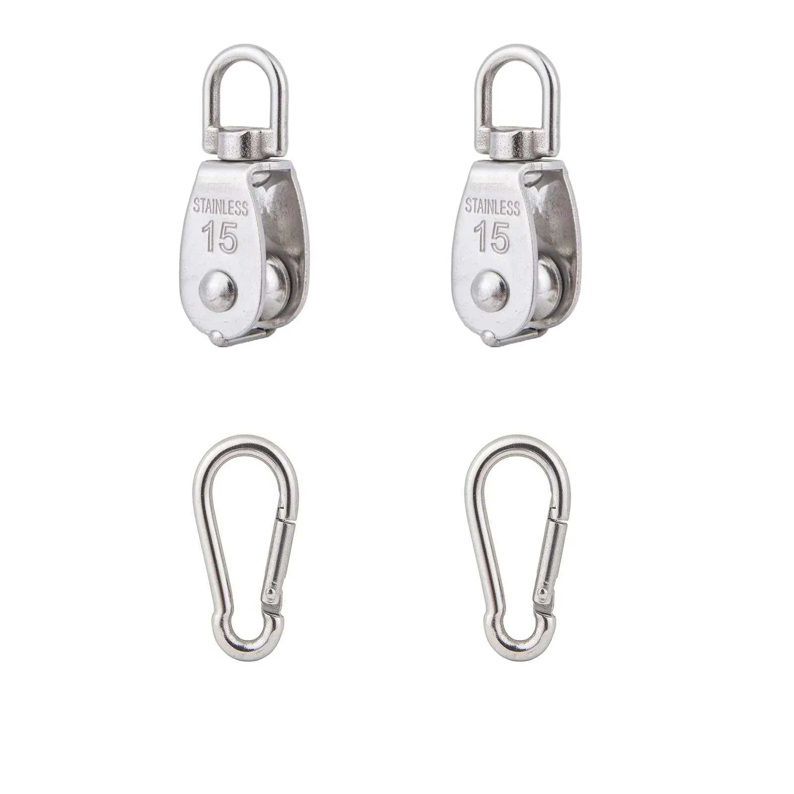 2Pcs 304 Stainless Steel M15 Single Pulley Block, Wire Rope Hanging Wire Towing Wheel, with 2Pcs Spring Snap Hook