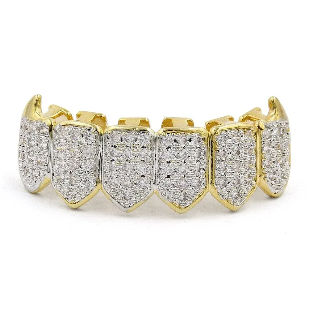 JINAO 18K Gold Plated Iced Out CZ Fang Top Bottom Mouth Teeth Grills Set (Gold