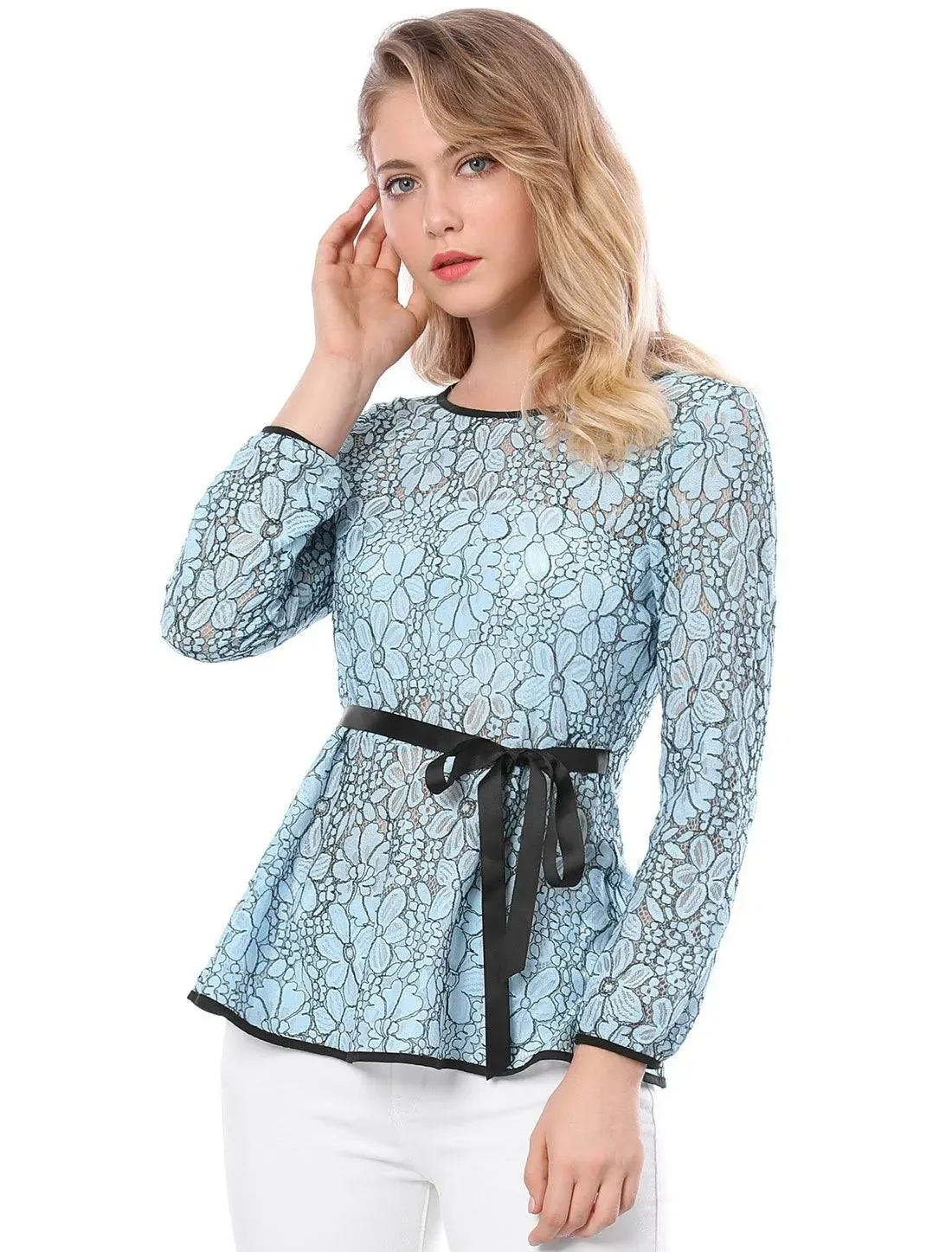 Allegra K Women's Elegant Tie Waist Long Sleeve Top Lace Peplum Blouses