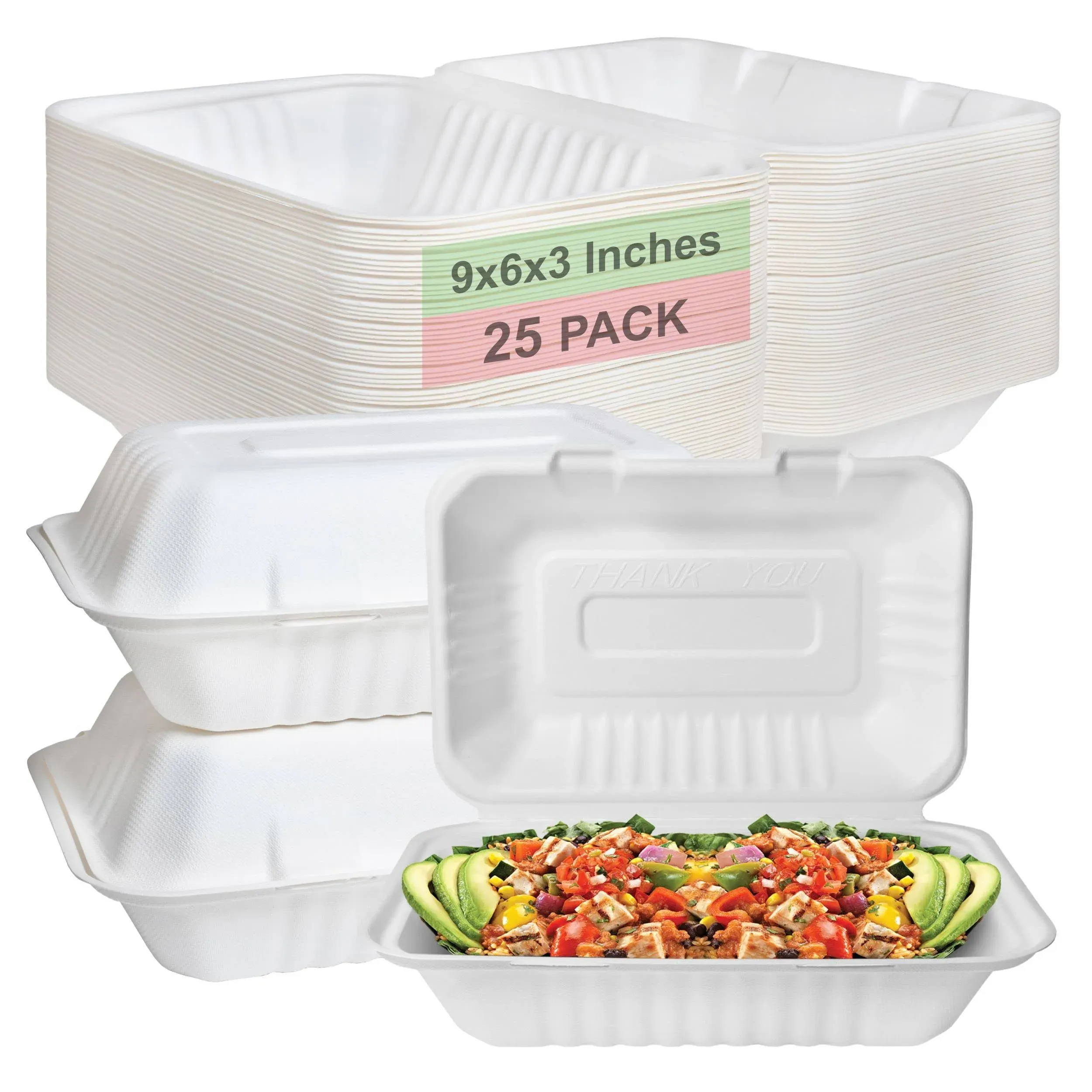 Compostable Rectangular Hinged Clamshell Take Out Food Containers 9x6x3,Heavy ...