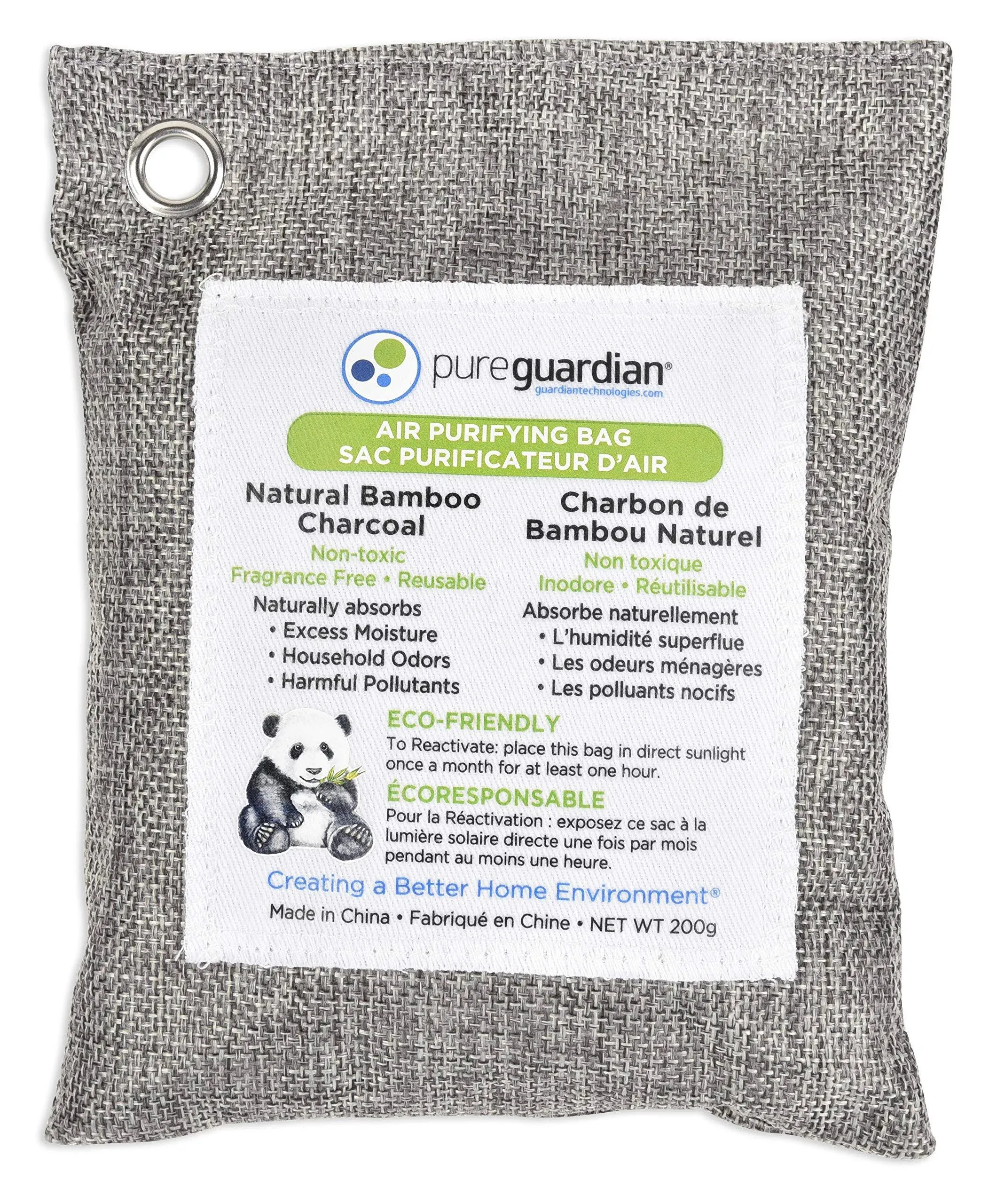 PureGuardian CB200 Bamboo Charcoal Air Purifying Bag, Eco-Friendly, Naturally Absorbs Odors, Excess Moisture and Pollutants, 200g, Gray