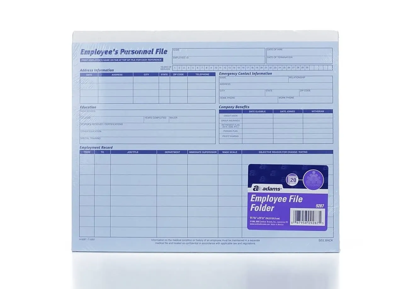 Adams Employees Personnel File Folder, Heavy Card Stock, 11-3/4 x 9-1/2 Inches, Pack of 20 Folders (9287ABF) One Pack