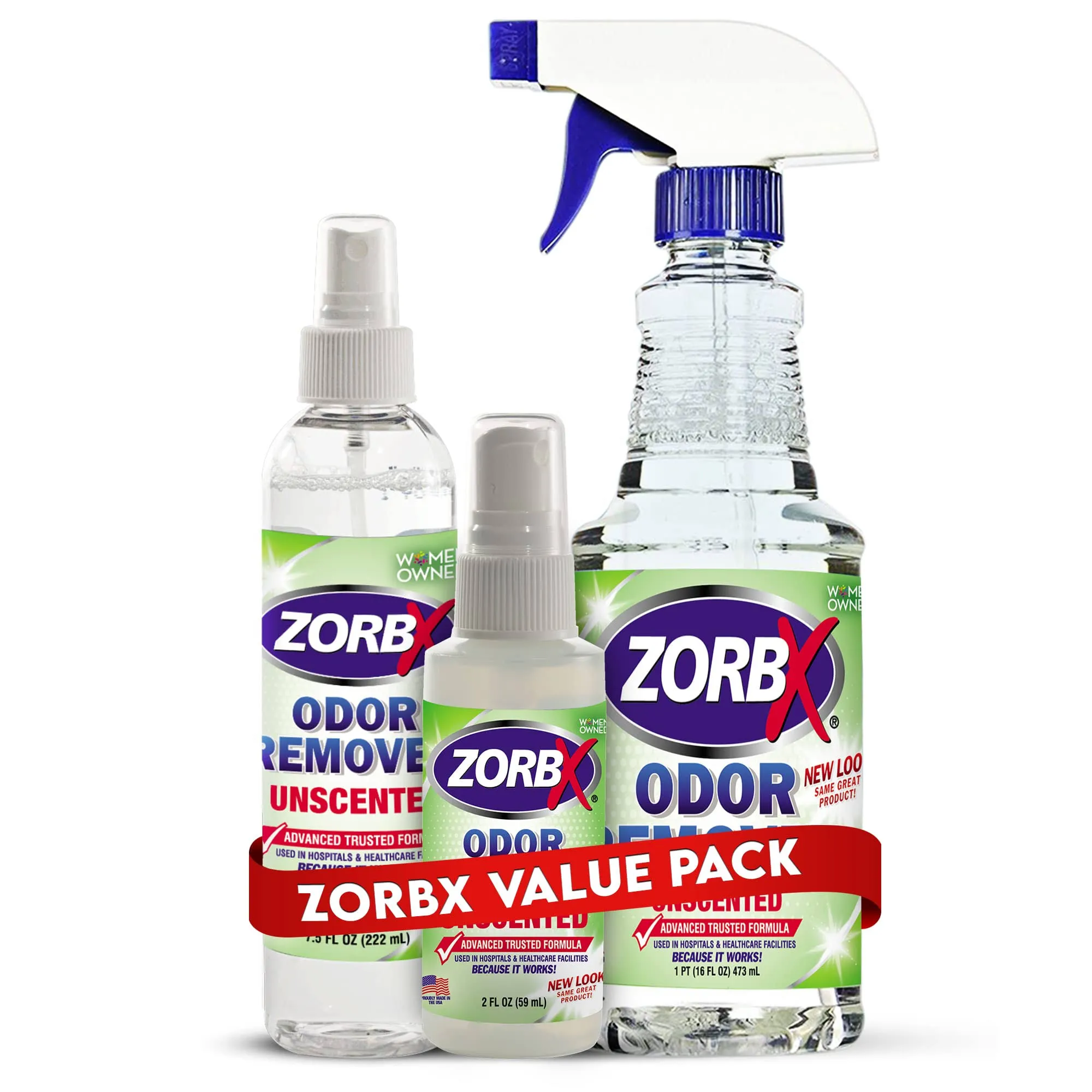 ZORBX Unscented Odor Eliminator for Strong Odor - Used in Hospitals & Healthcare Facilities | Advanced Formula, Fast-Acting Odor Remover Spray for Dog, Cat, House & Carpet - (16 Oz + 7.5 Oz + 2 Oz)