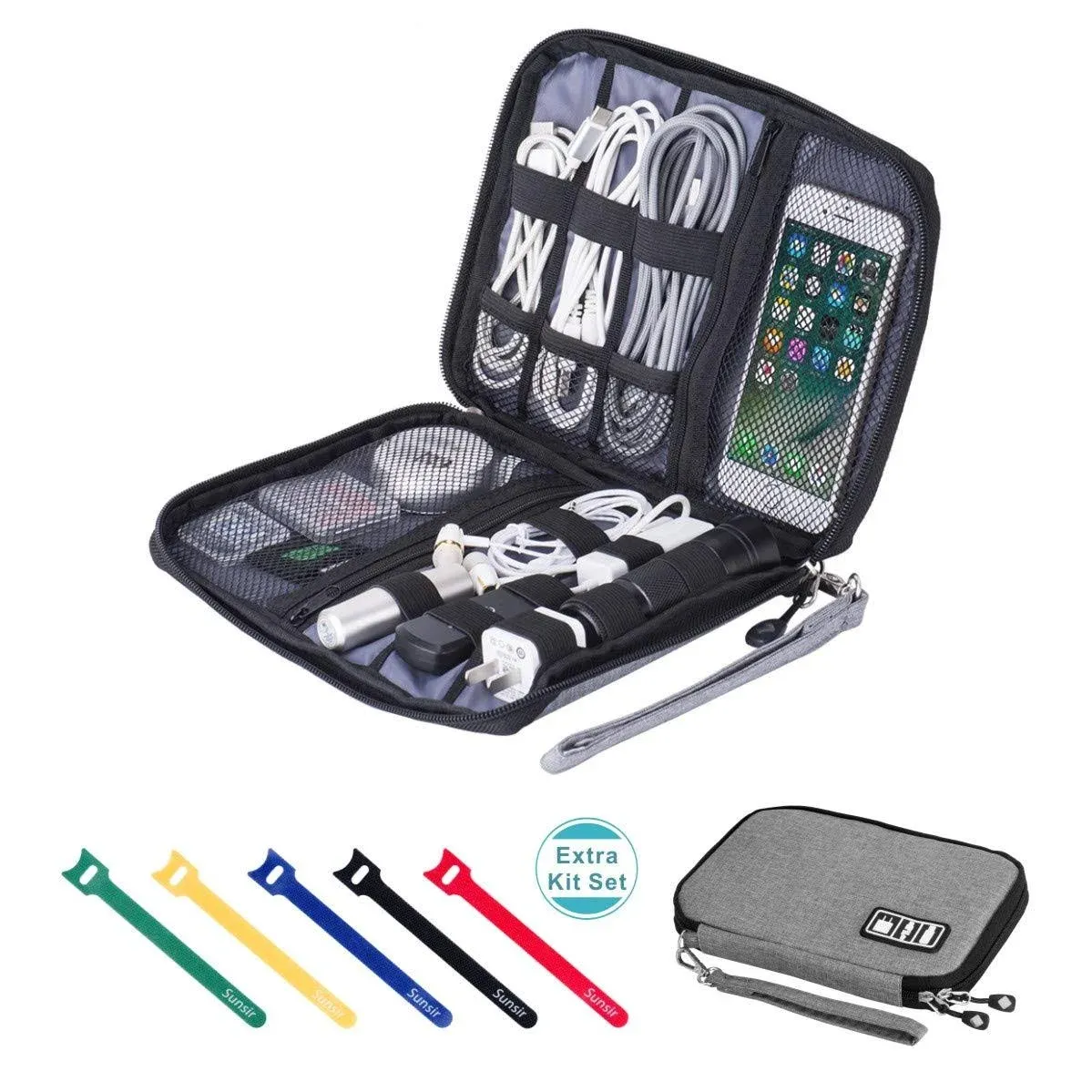 Travel Cable Organizer Bag Waterproof Portable Electronic Accessories Organizer for USB Cable Cord Phone Charger Headset Wire SD Card with 5pcs Cable Ties(Grey)