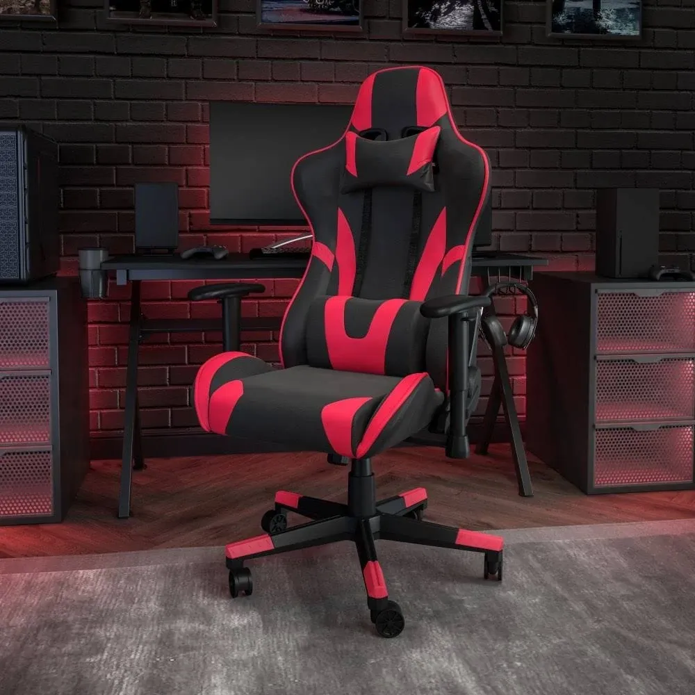 Racing Gaming Ergonomic Chair with Fully Reclining Back in Red LeatherSoft