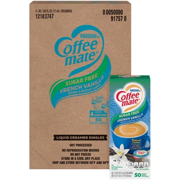 Coffee Mate Zero Sugar French Vanilla Liquid - 50 count per pack -- 4 packs per case.