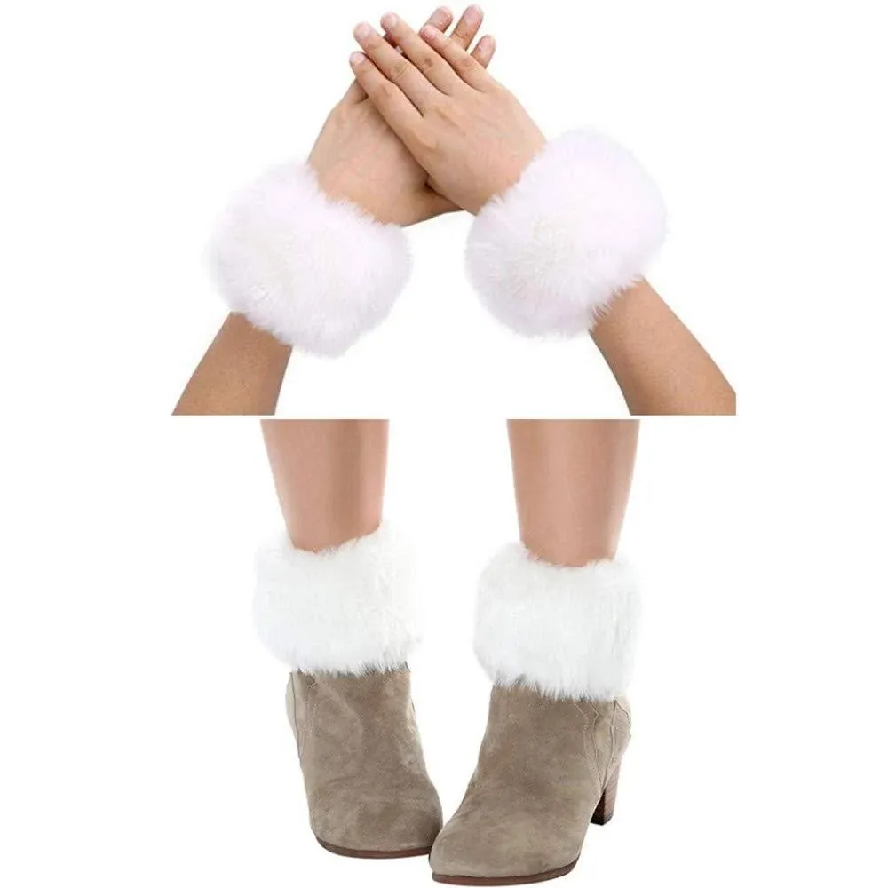 Bhwin Women Faux Fur Wrist Cuffs Warmer Cover And Winter Faux Fur Boot Cuffs Knitting Leg Warmers Set