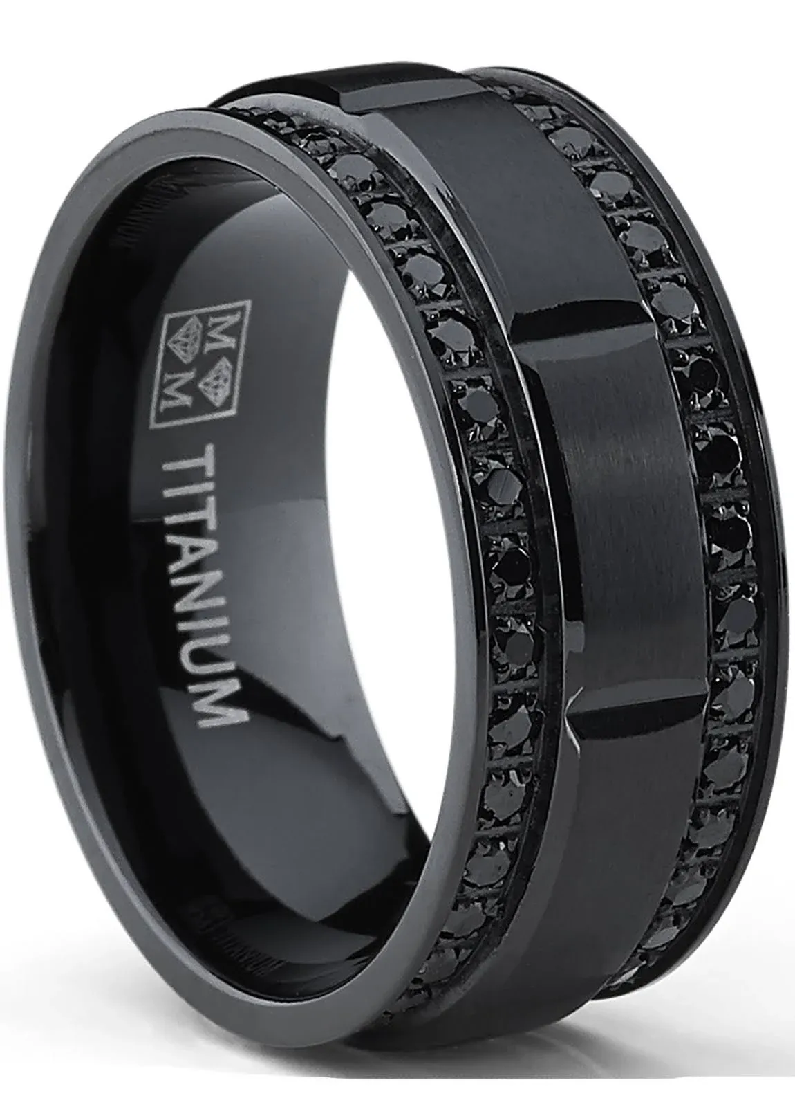 Bonndorf 9mm Men's Black Titanium Wedding Band Ring with Double Row Black Cubic ...