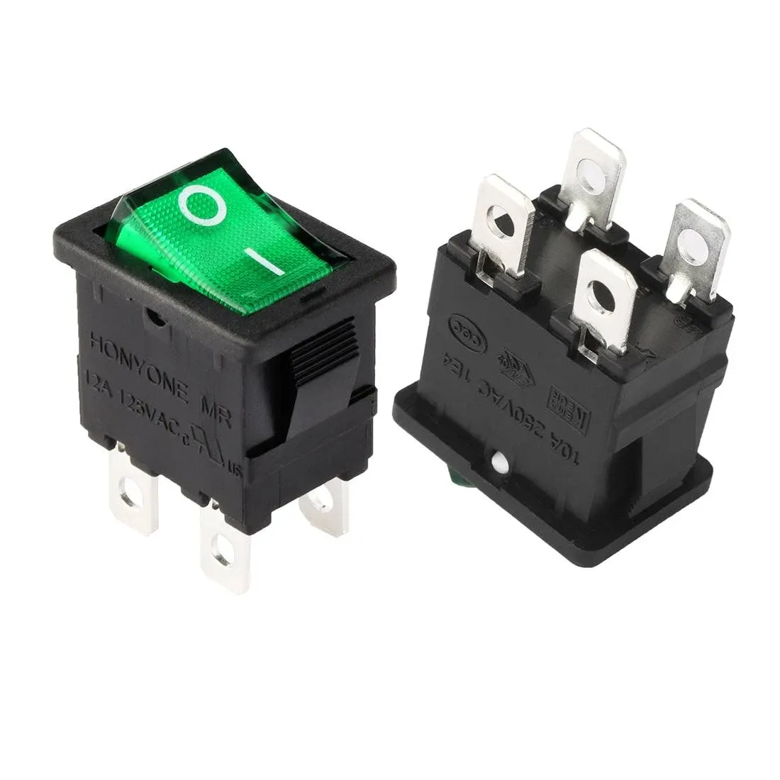 5pcs AC 12A/125V 10A/250V DPST 4p Green LED Light Boat Rocker Switch UL Listed