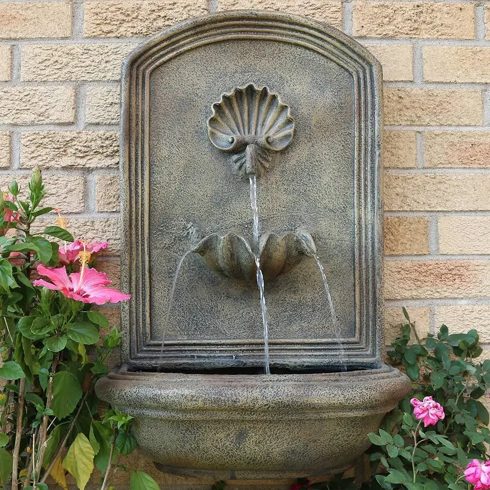 Sunnydaze 27H Electric Polystone Seaside Outdoor Wall-Mount Water Fountain, Florentine Stone Finish