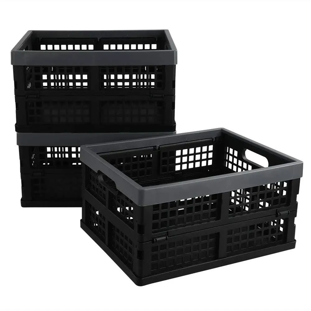 Fiazony 3-Pack 15 L Plastic Collapsible Crate, Folding Storage Baskets, Black  