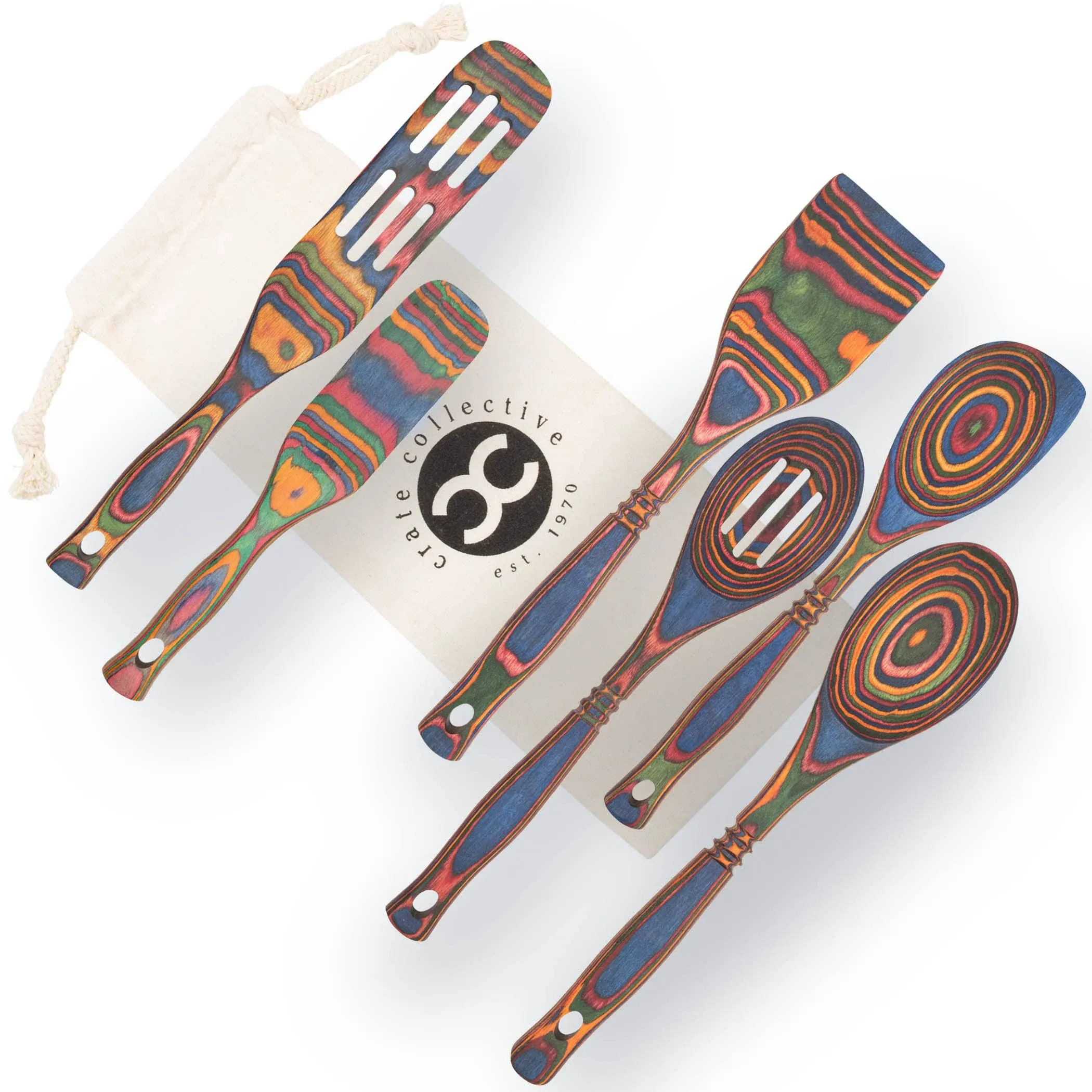 Rainbow 6-Pc Pakka Wood Kitchen Utensil Set Wooden Cooking Spoons Spurtle Tools