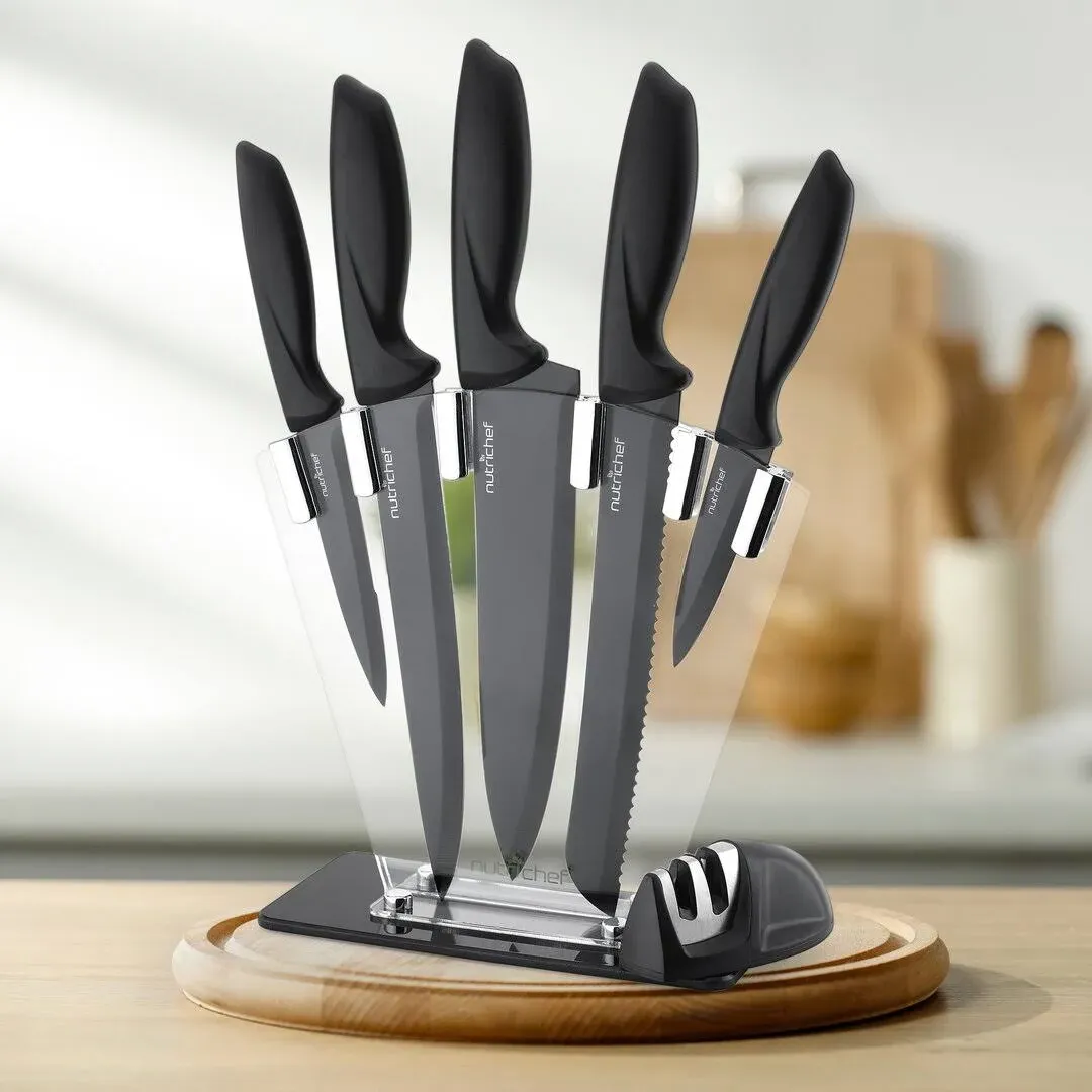 NutriChef 7 Piece Kitchen Knife Set - Stainless Steel Kitchen Precision Knives Set w/ 5 Knives & Bonus Sharpener, Acrylic Block Stand - Cutting Slicing, Chopping, Dicing NCKNS7X