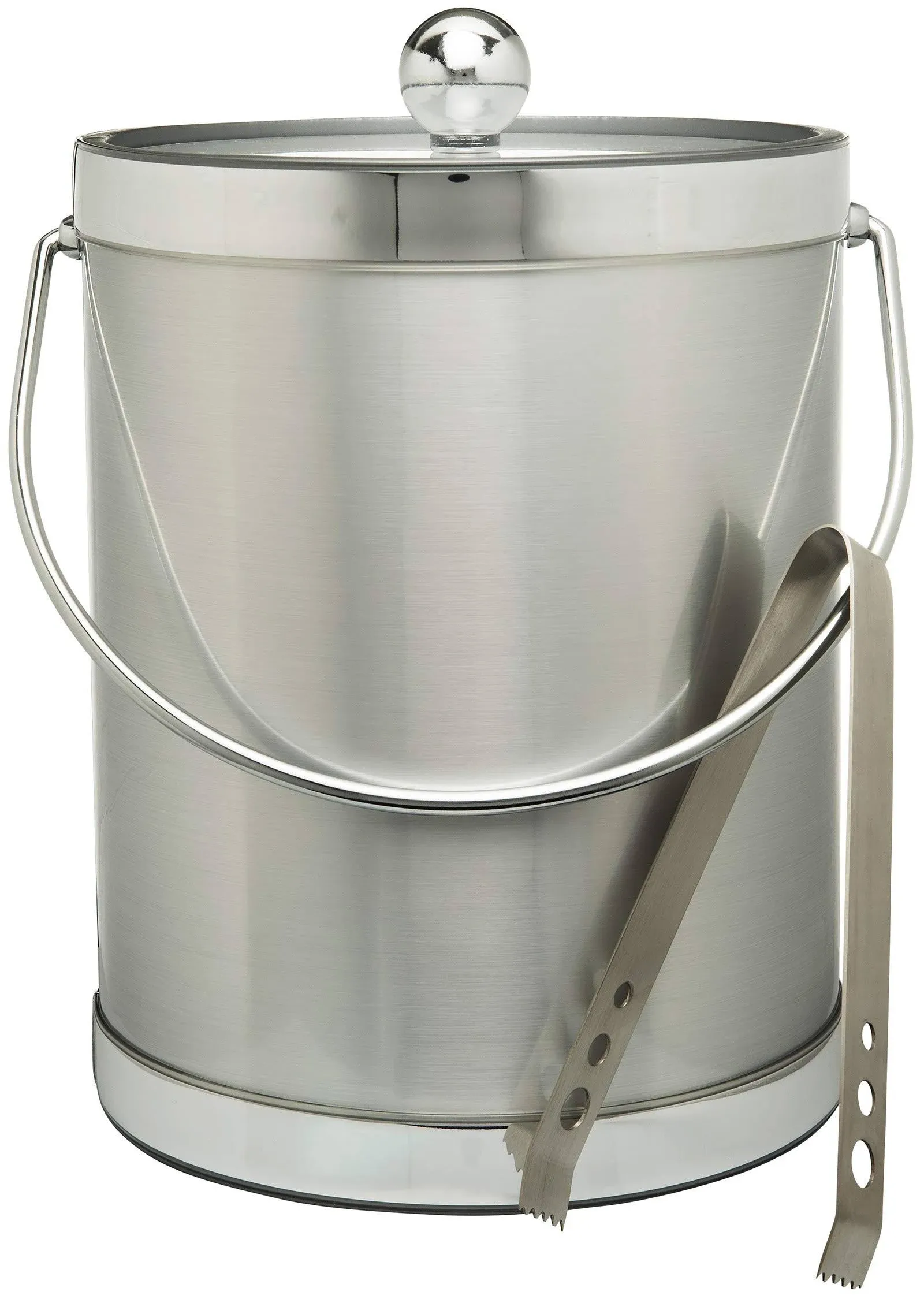 Hand Made In USA Brushed Silver Double Walled 5-Quart Insulated Ice Bucket With Ice Tongs (Metallic Deco Collection)