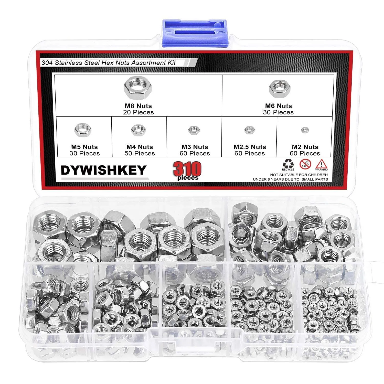 DYWISHKEY 310 Pieces Metric 304 Stainless Steel Hex Nuts Assortment Kit for Screw Bolt (M2 M2.5 M3 M4 M5 M6 M8)