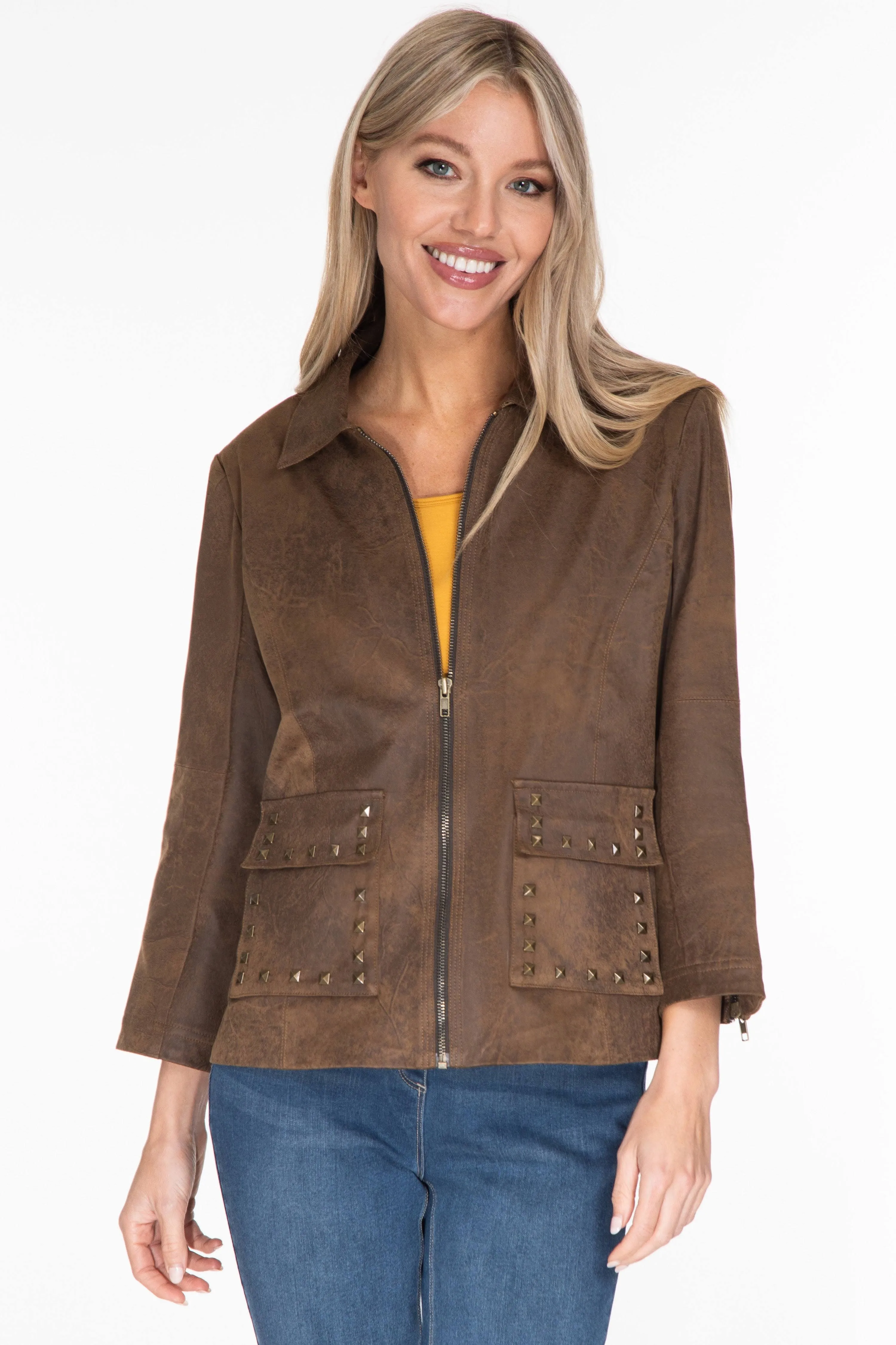 multiples Mocha Zip 3/4 Sleeve Embellished Pocket Zip Front Faux Suede Jacket Medium