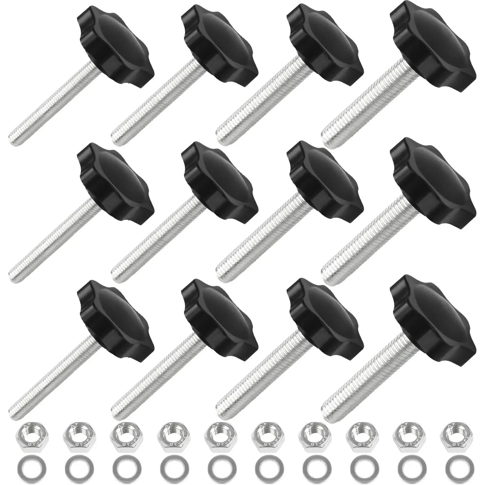 Openfly 28 Sets M4 M5 M6 M8 Star Hand Knob Tightening Screw, Thread Clamping Knob Quick Removal Replacement Parts with Nuts and Washers Stainless Steel Hex Nuts Star Knobs Assortment Kit