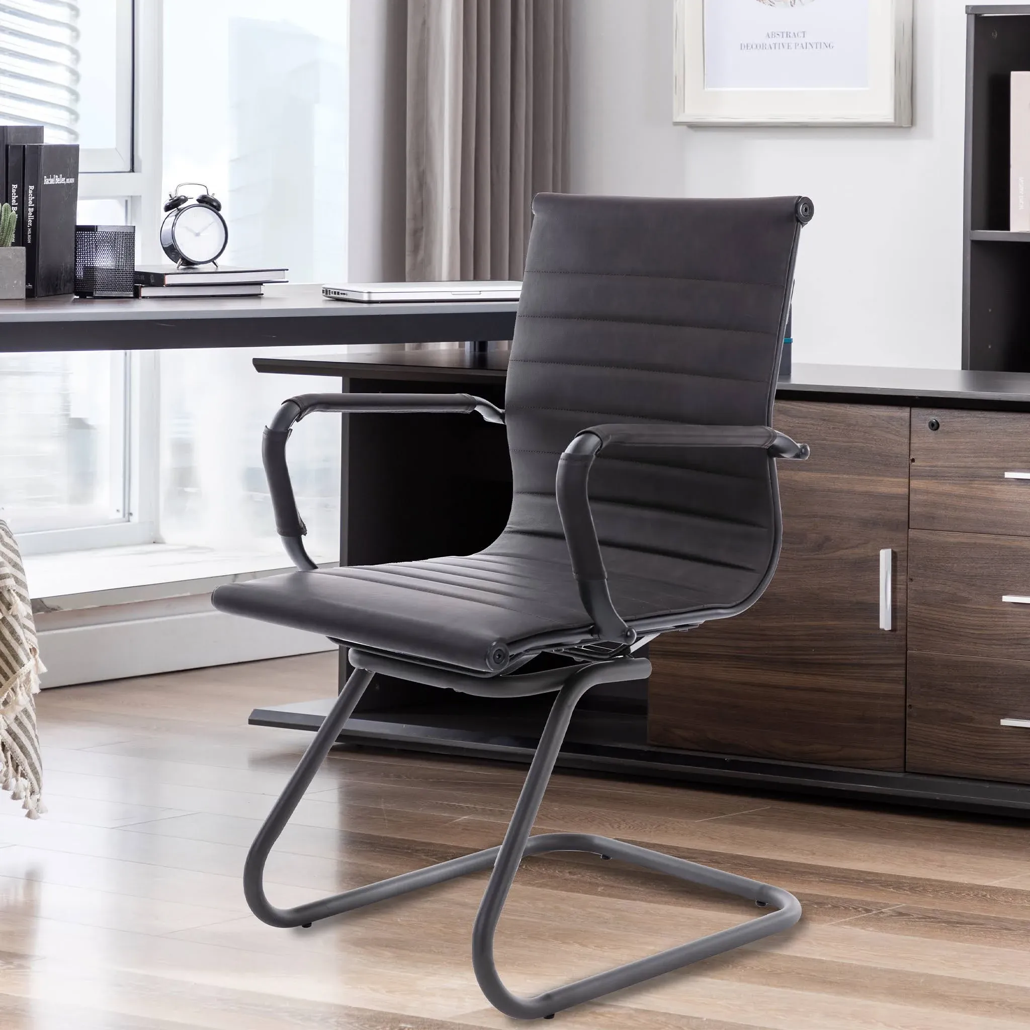 Guyou Modern Mid Back Office Guest Chair Set of 2 Faux Leather Reception Chair ...