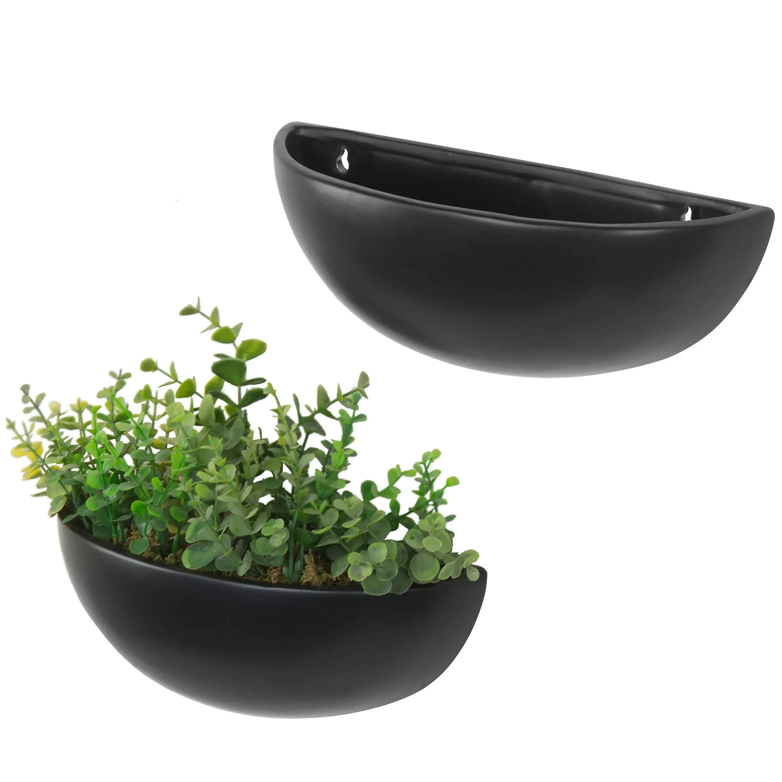 Matte Black Ceramic Half-Moon Wall Mounted Plant Pot, Set of 2