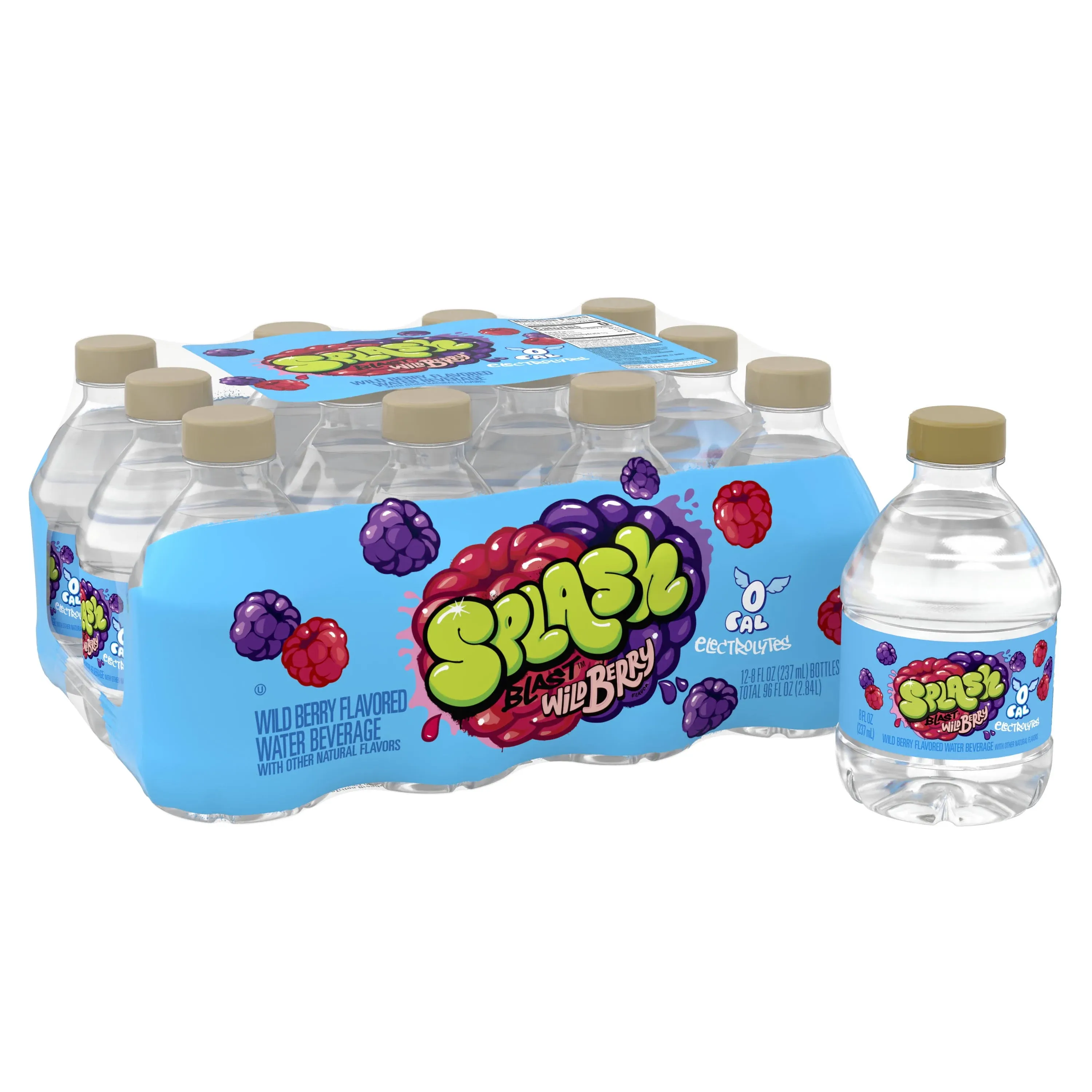 Splash Refresher Wild Berry Flavored Water, 8 Fl Oz, Plastic Bottle Pack of 12