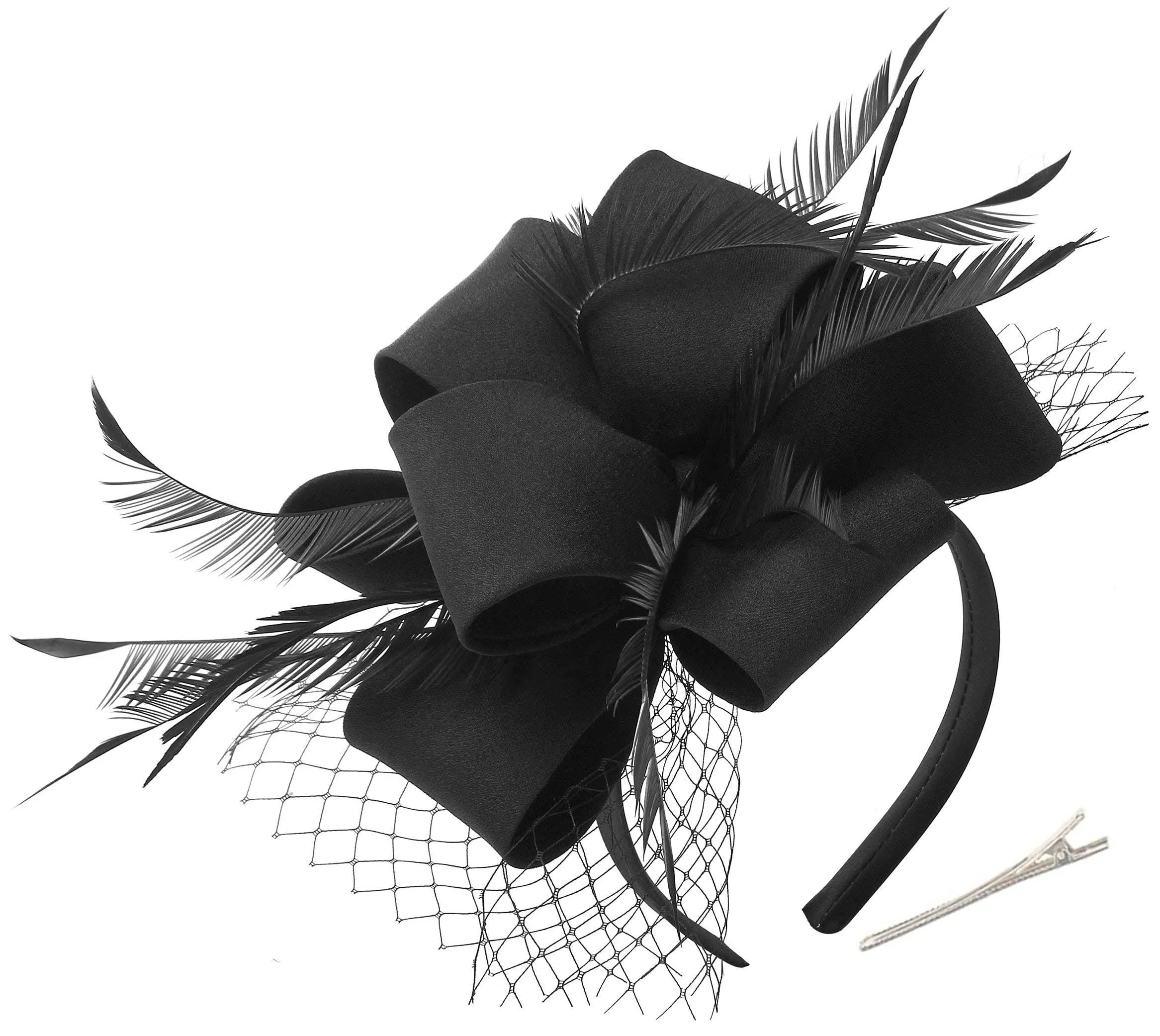 Myjoyday Women's Fascinators Hat for Tea Party Church Cocktail, Feathers Veil Headband with Hair Clip (Black)