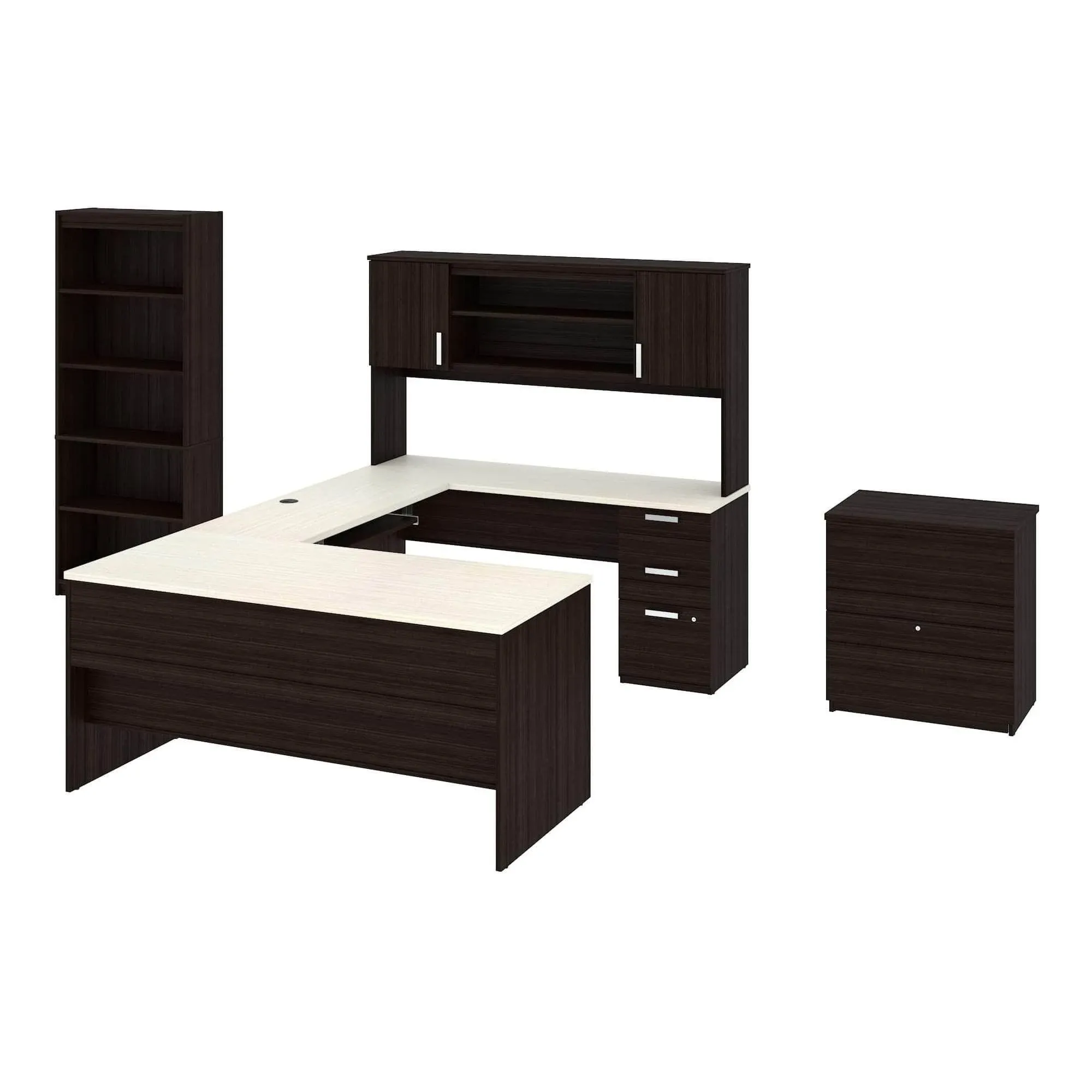 Bestar Ridgeley U-Shaped Desk with Lateral File and Bookcase, Dark Chocolate & White Chocolate