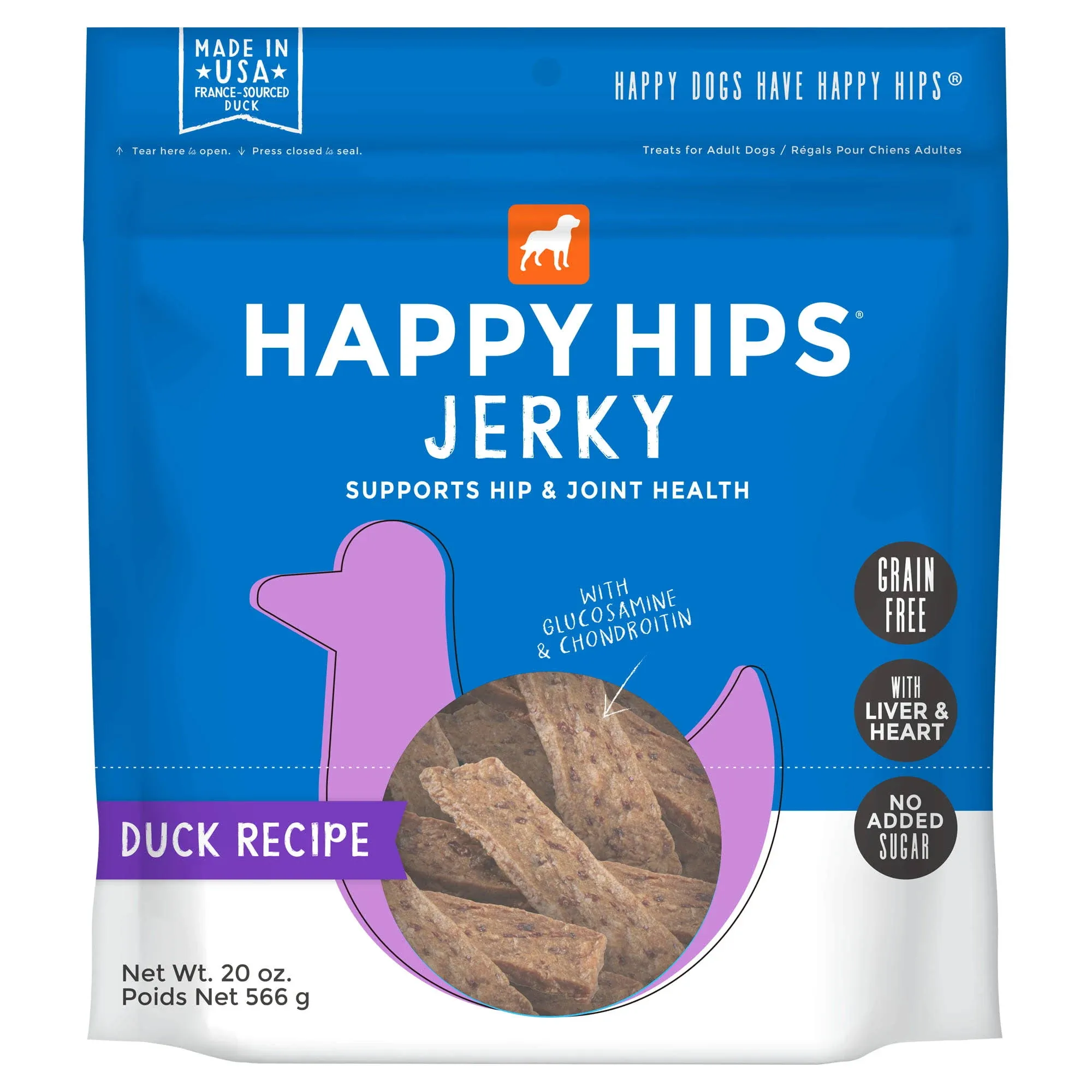 Happy Hips Treats for Dogs, Duck Recipe, Jerky, Adults - 20 oz