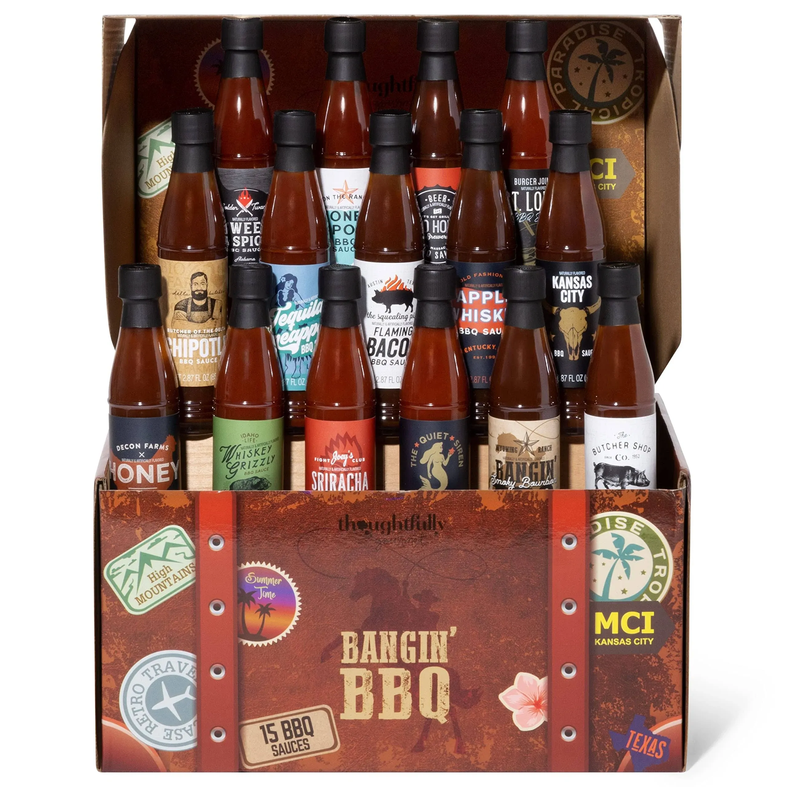 Thoughtfully Gourmet, Bangin' BBQ Sauce Variety Pack in a Travel Themed Suitcase, Vegan and Vegetarian, Flavors Include Mango, Flaming Bacon, Chipotle, Garlic and More in Glass Bottles, Pack of 15