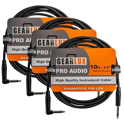 Gearlux Instrument Cable/Guitar Cable, 1/4-inch Right to 1/4-inch Straight, Black, 10-Feet - 3 Pack