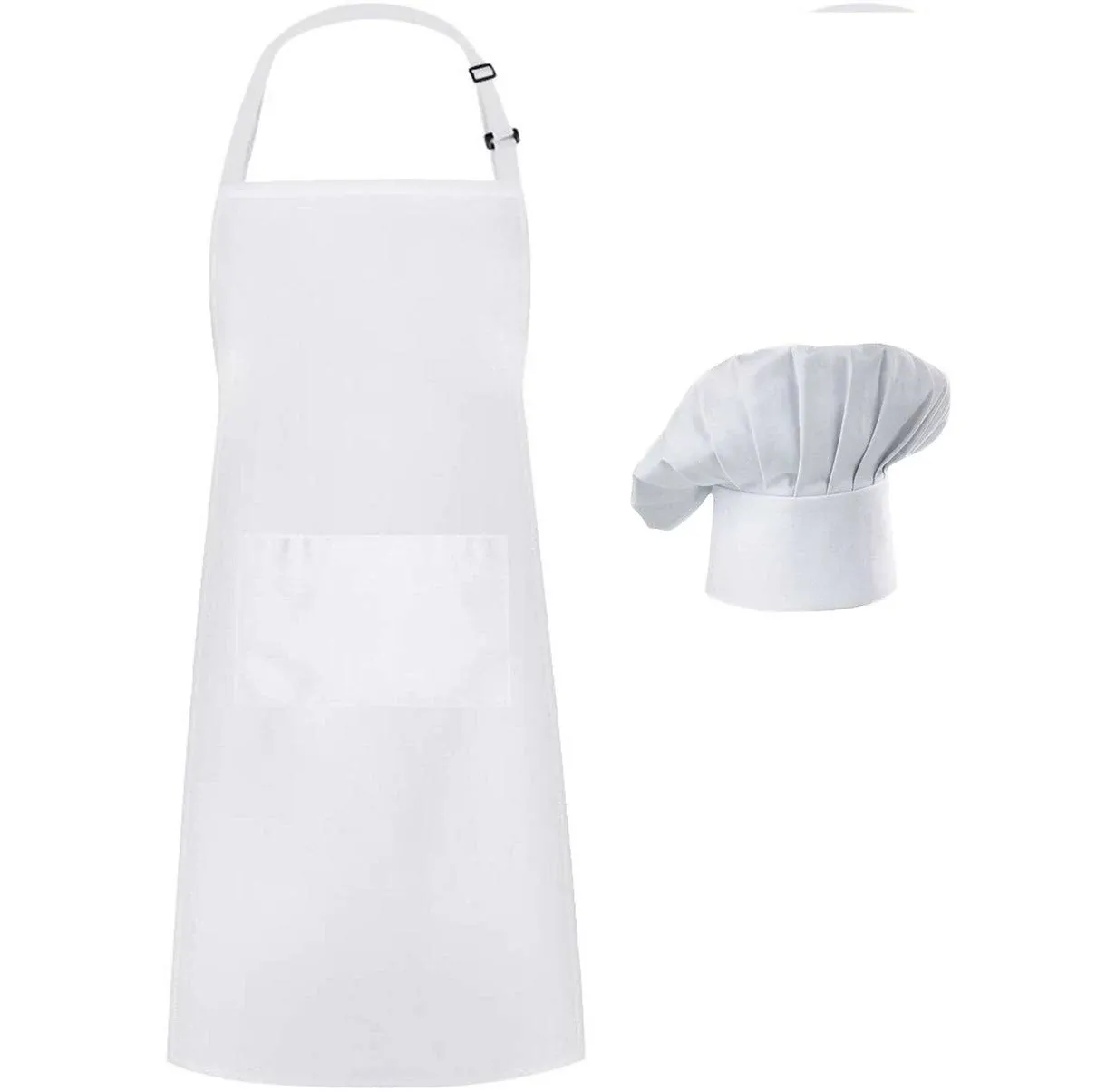 Hyzrz Chef Apron Hat Set, Chef Hat and Adult Kitchen Pocket Adjustable Apron with Butcher Hat Baker Costume for Men and Women Father's Gift (White)