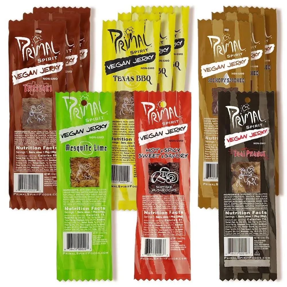 Primal Spirit Vegan Jerky Most Popular Flavors Pack, 10 G. Plant Based Protein, (The Classics 3 Teriyaki, 3 Hickory