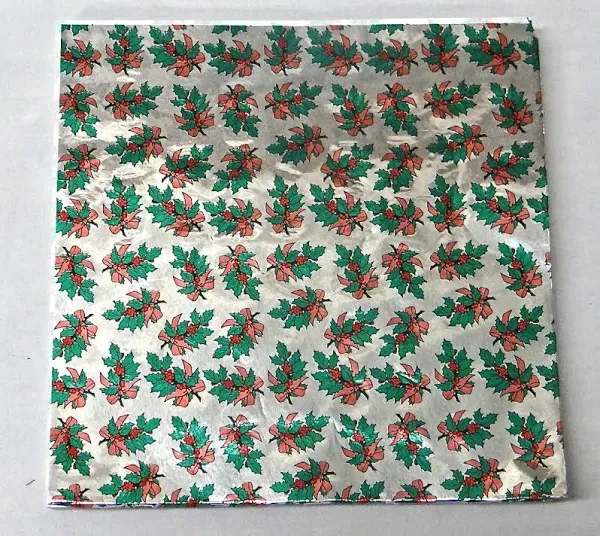 6" x 6" Holly Print - Holly and Berries on Silver - Confectionery Foil Wrappers ...