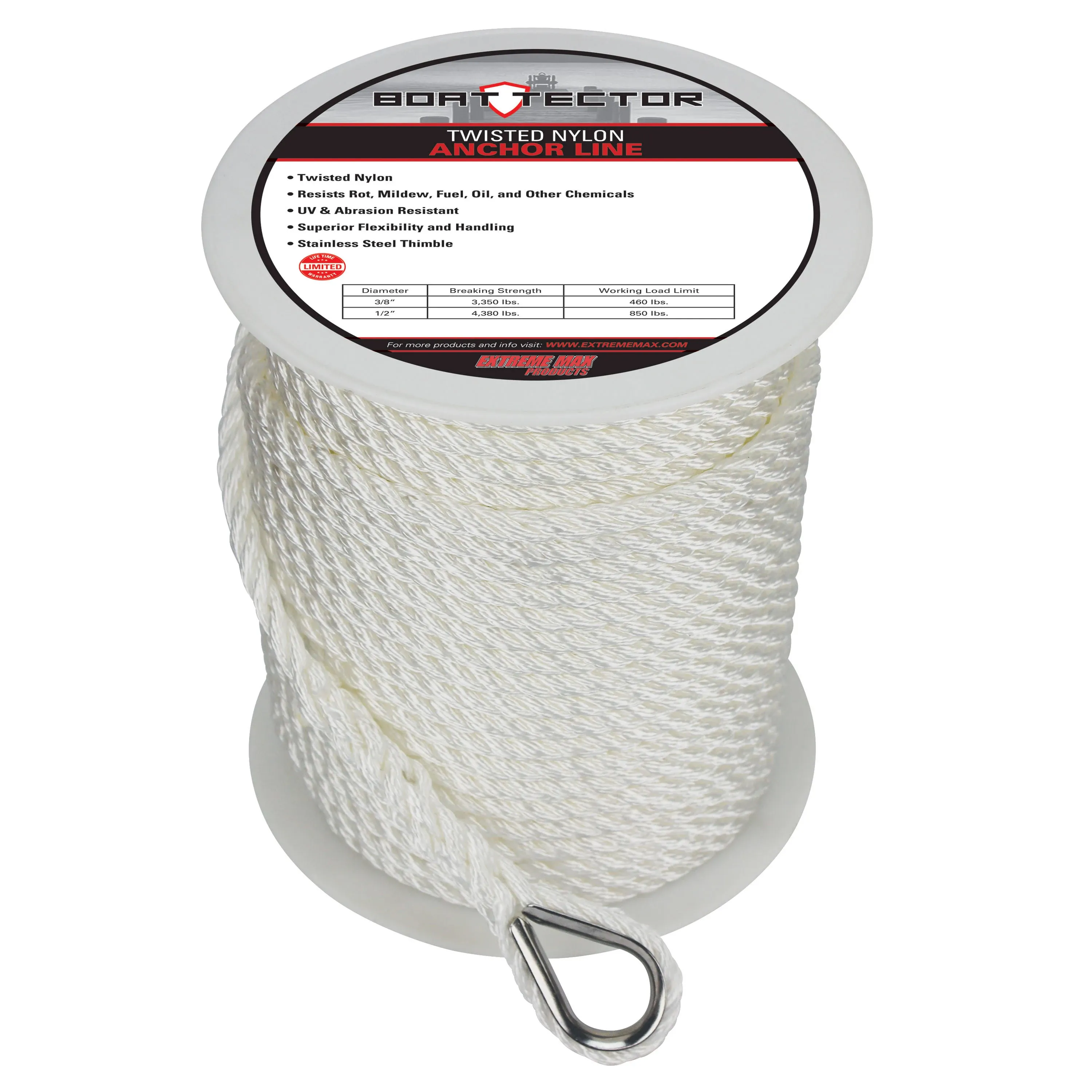 Extreme Max BoatTector Twisted Nylon Anchor Line with Thimble - 3/8" x 200', White