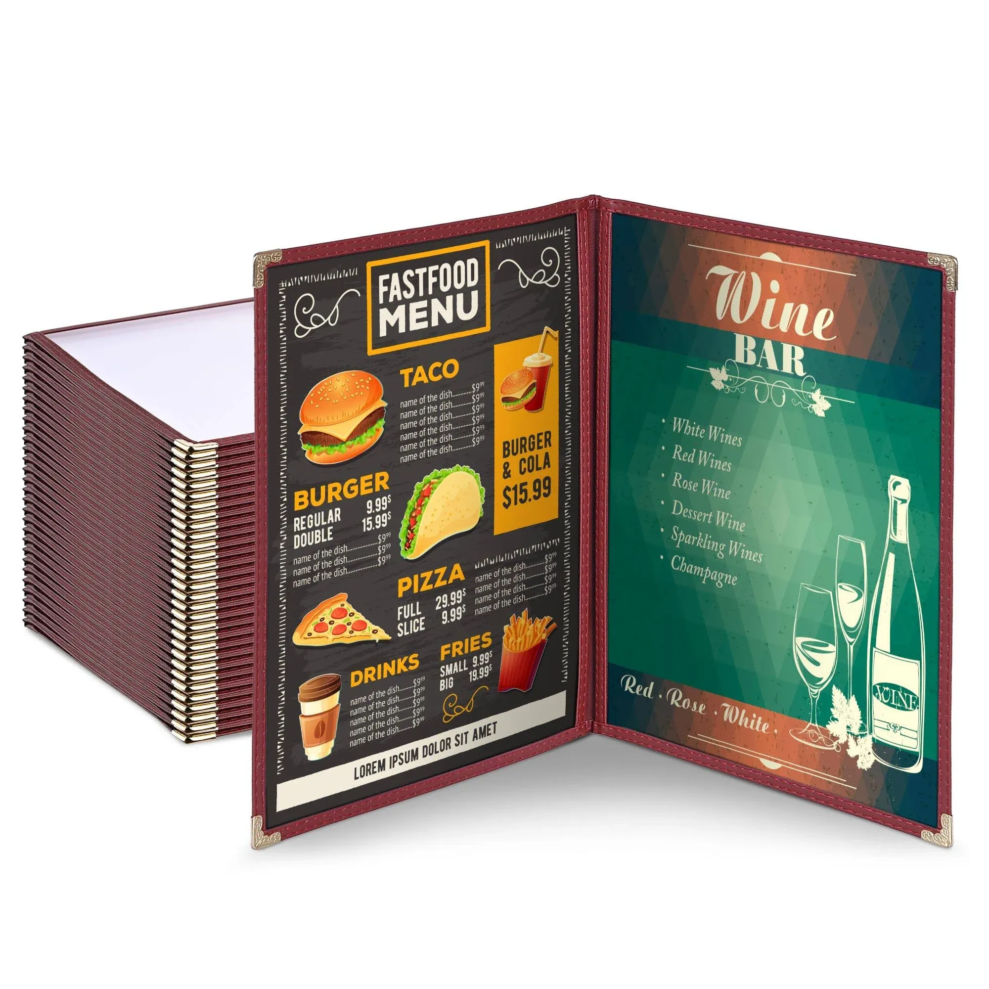 WeChef 30 Pack Restaurant Menu Covers 8.5 x 11 Double Fold 2 Pages 4 Views Trans