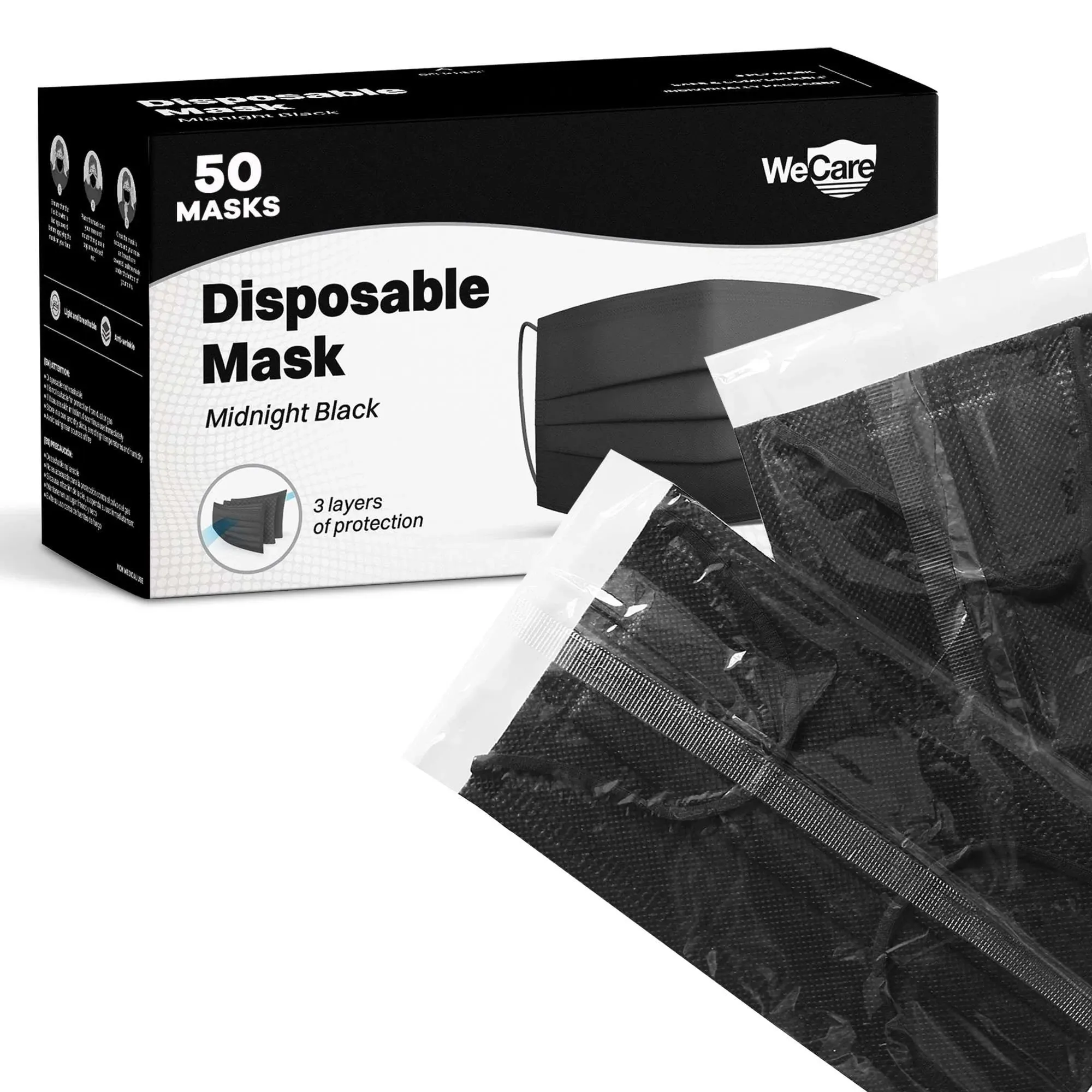 WeCare Disposable Face Mask Individually Wrapped - 50 Pack, 3 Ply Black Masks ...