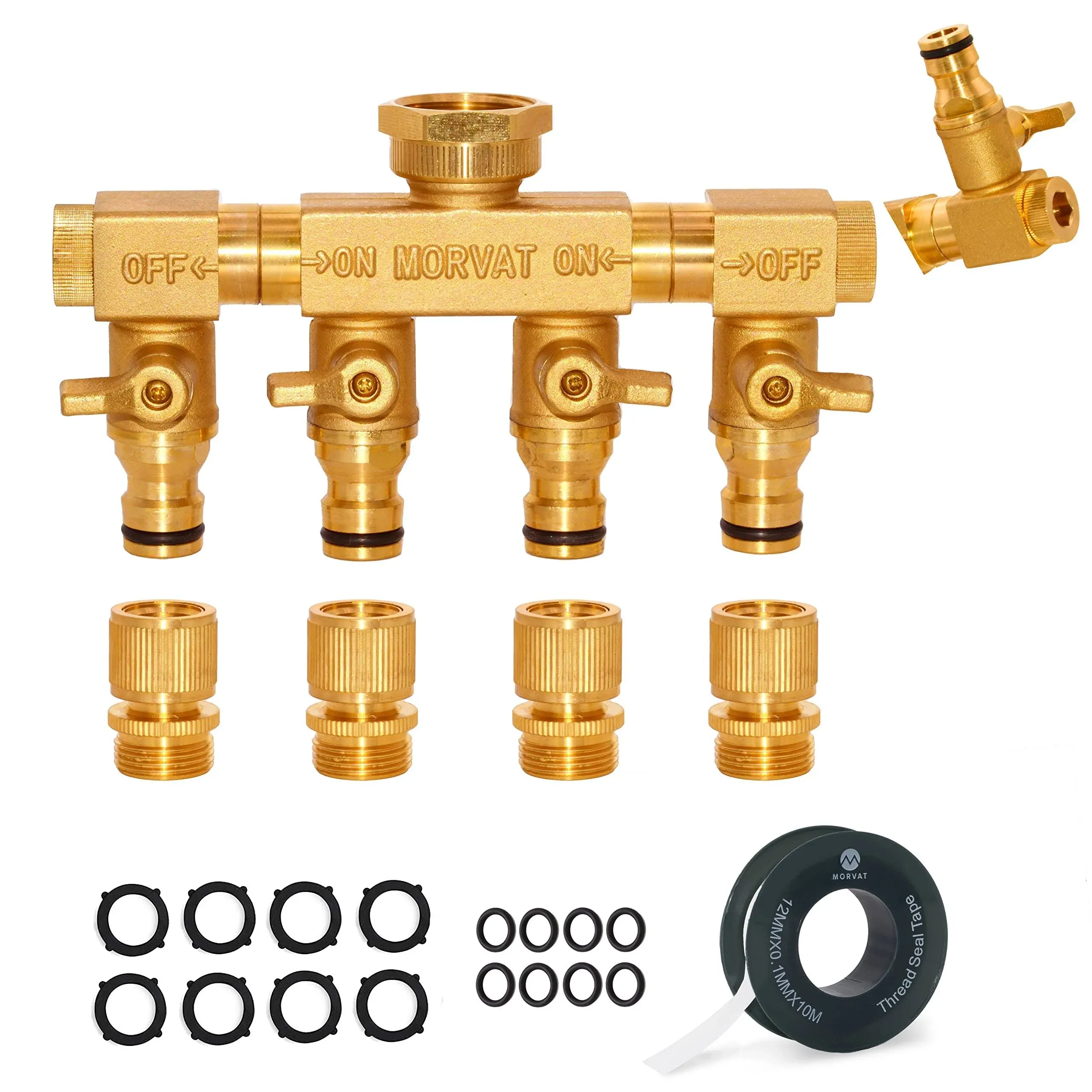 Morvat Brass 4-Way Twist Hose Splitter with Mount Kit &amp; Quick Connect Attachment