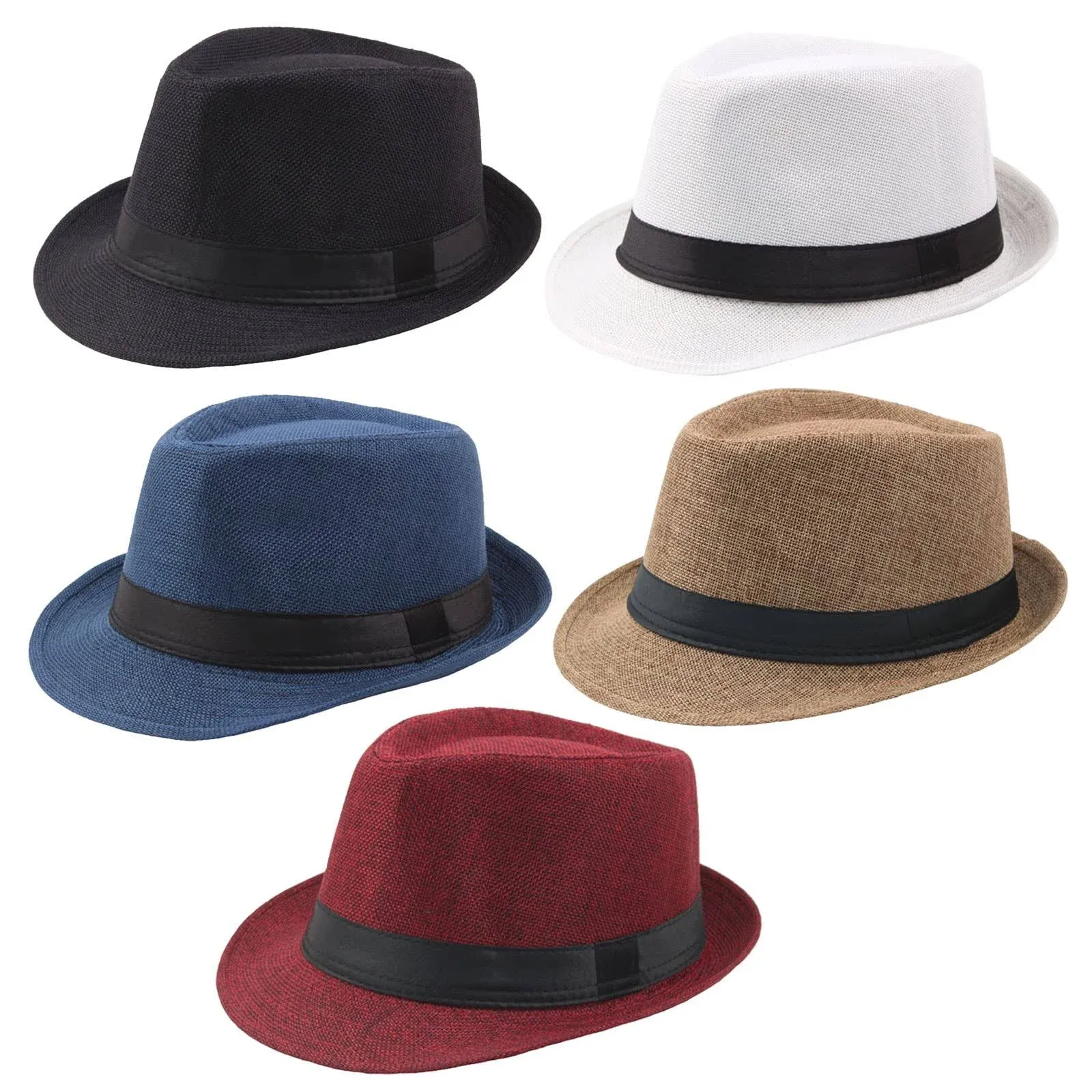 Ultrafun Paquete de 5 gorras de ala corta Fedora Classic Summer Beach Sun Hat Panamá para hombres y mujeres