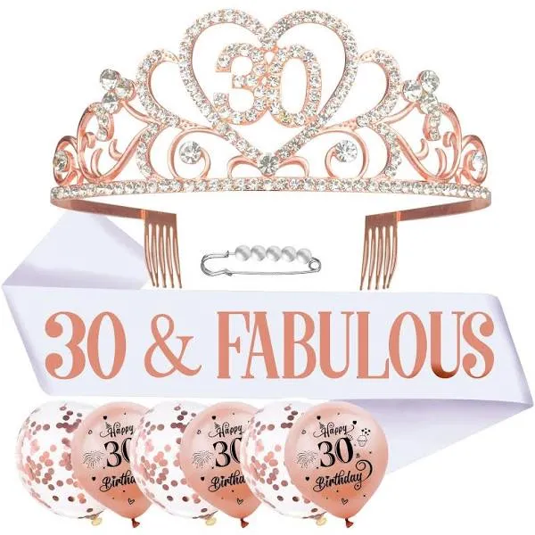 Skjiayee Rose Gold Tiara and Sash for Birthday Women -30th White Fabulous Sash ...