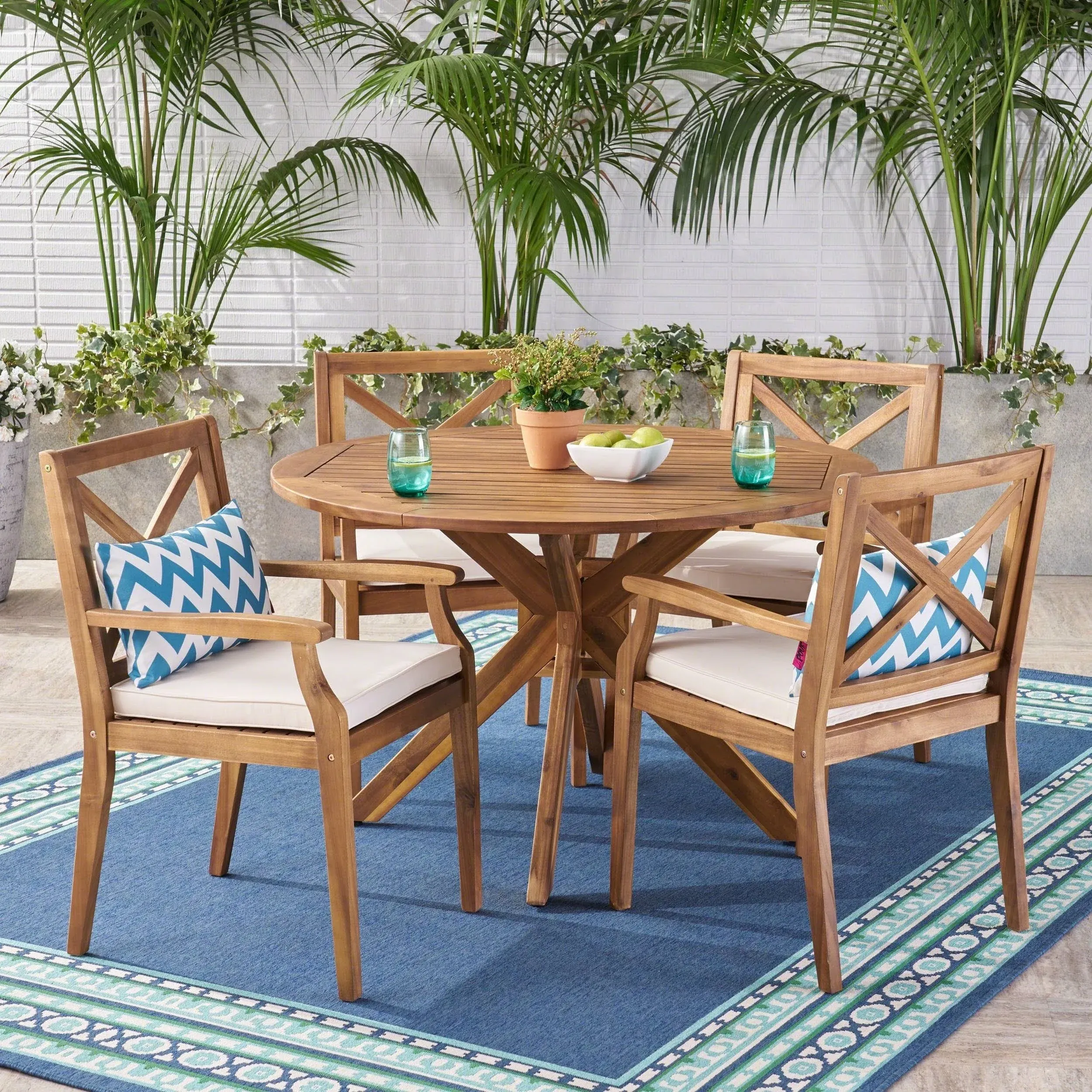 Jordan Outdoor 5 Piece Acacia Wood Dining Set - Crme, Teak