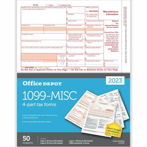 1099-MISC Laser Tax Forms, 4-Part, 2-Up, 8-1/2" x 11", Pack Of 50 Form Sets