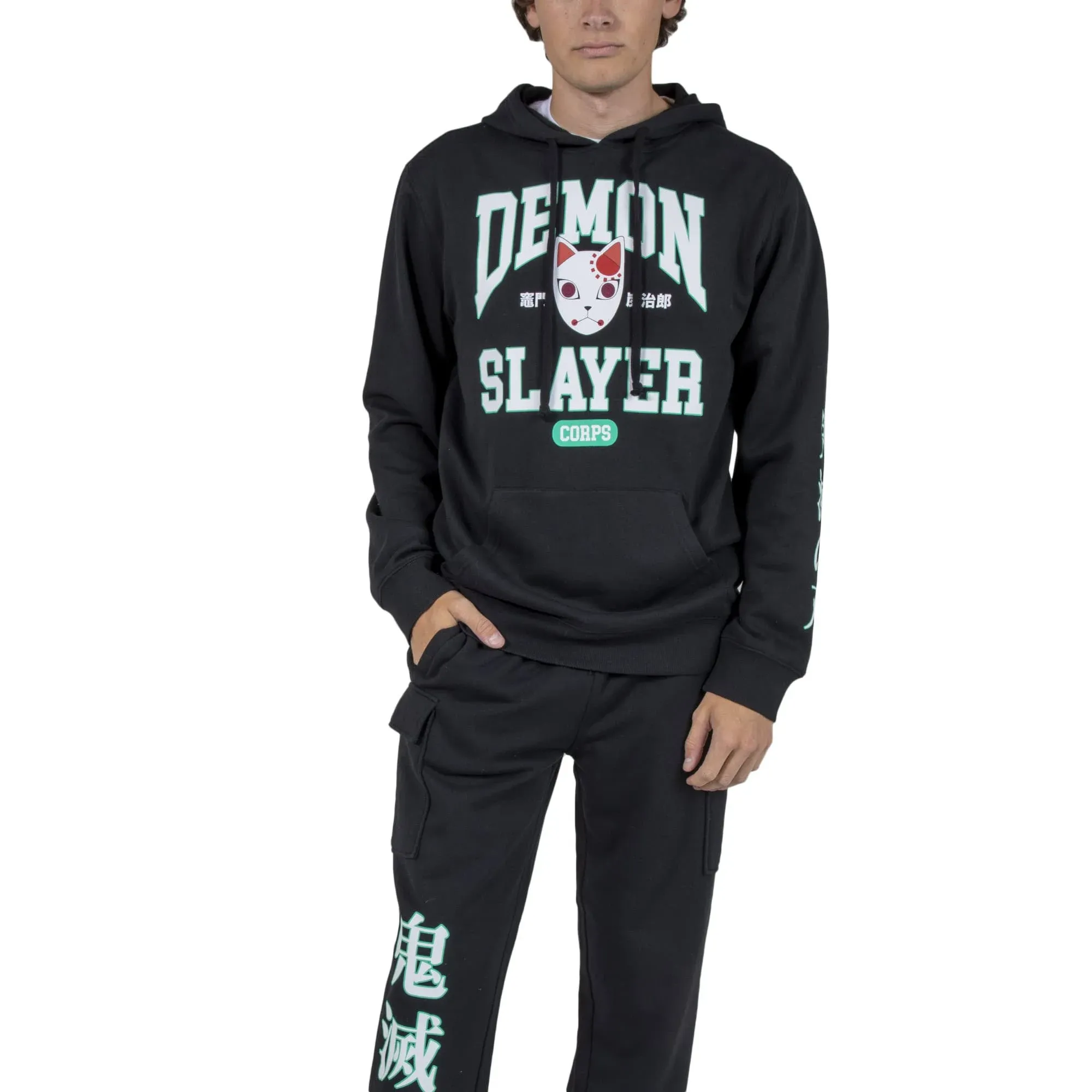 Demon Slayer Varsity Text Cat Mask Men's Black Hoodie & Jogger Set-Medium